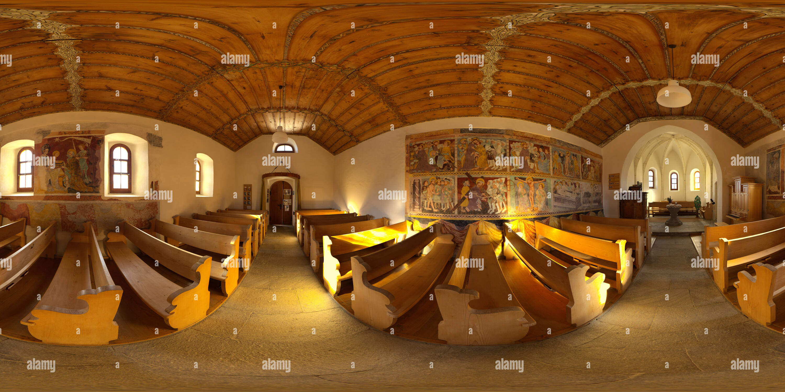 360 degree panoramic view of Swiss Reformed Church of Tenna GR