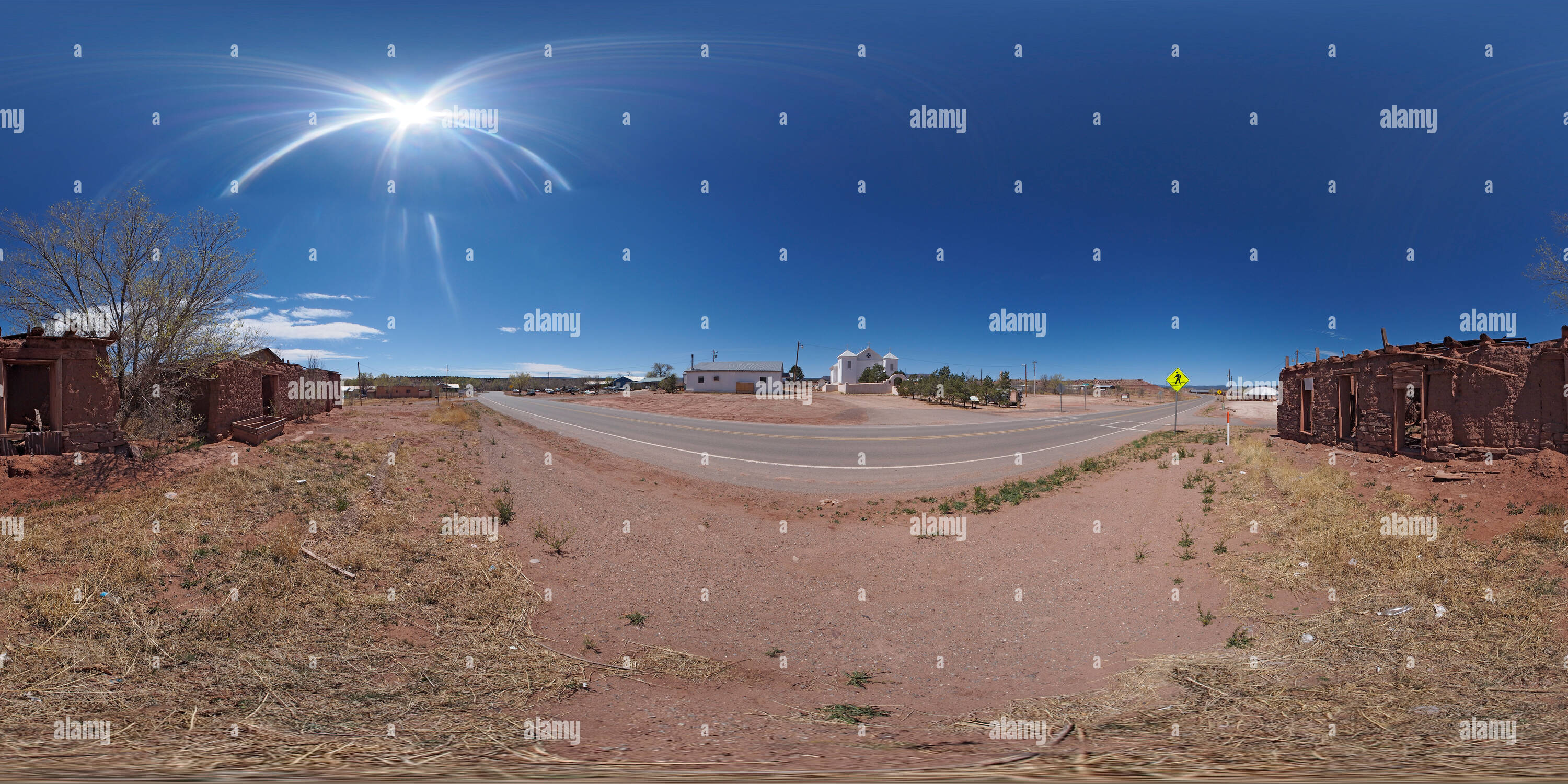 360° view of San Miguel del Vado church and adobes Alamy