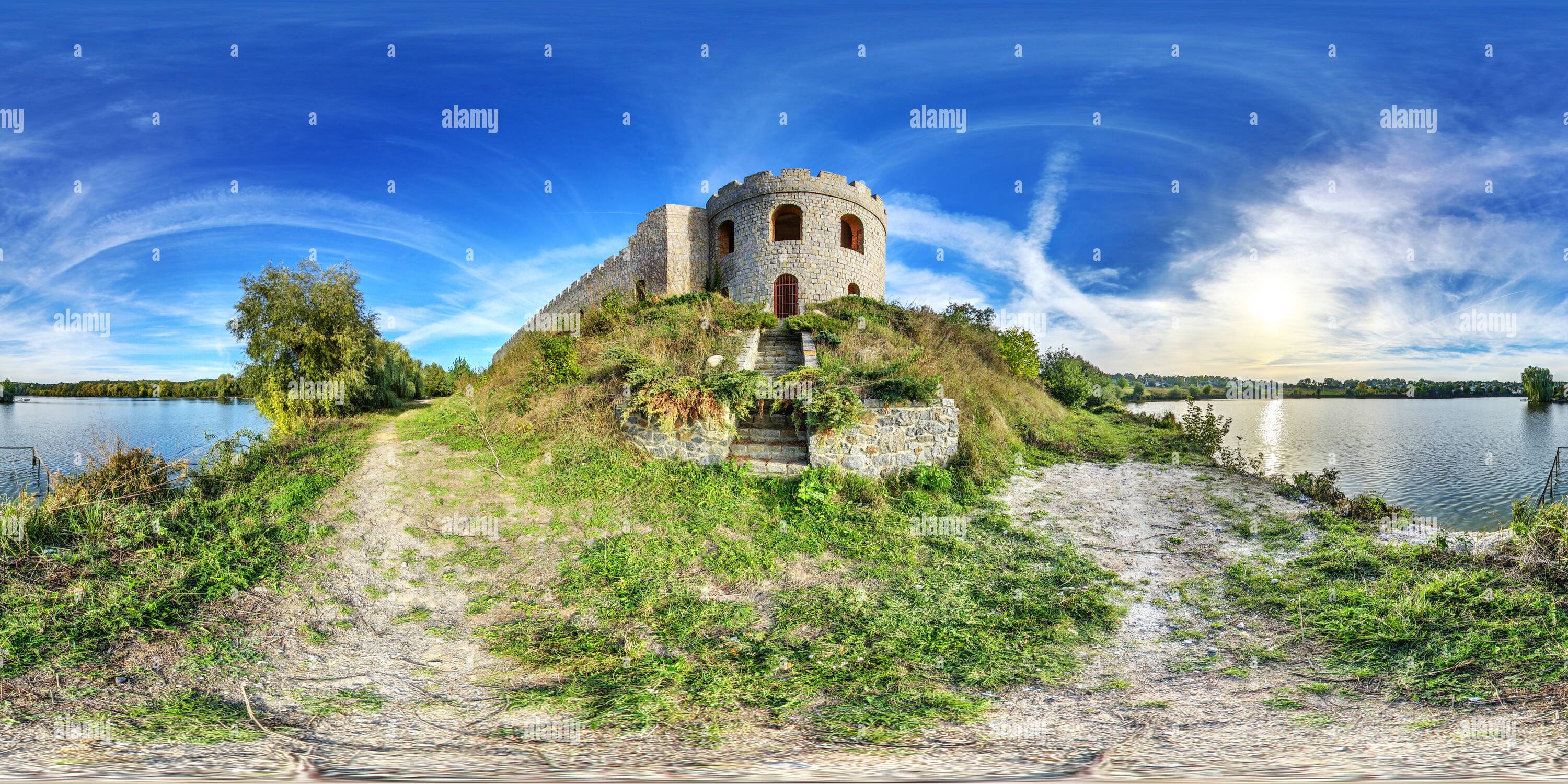 360° view of Reconstructed tower of ruined castle Alamy