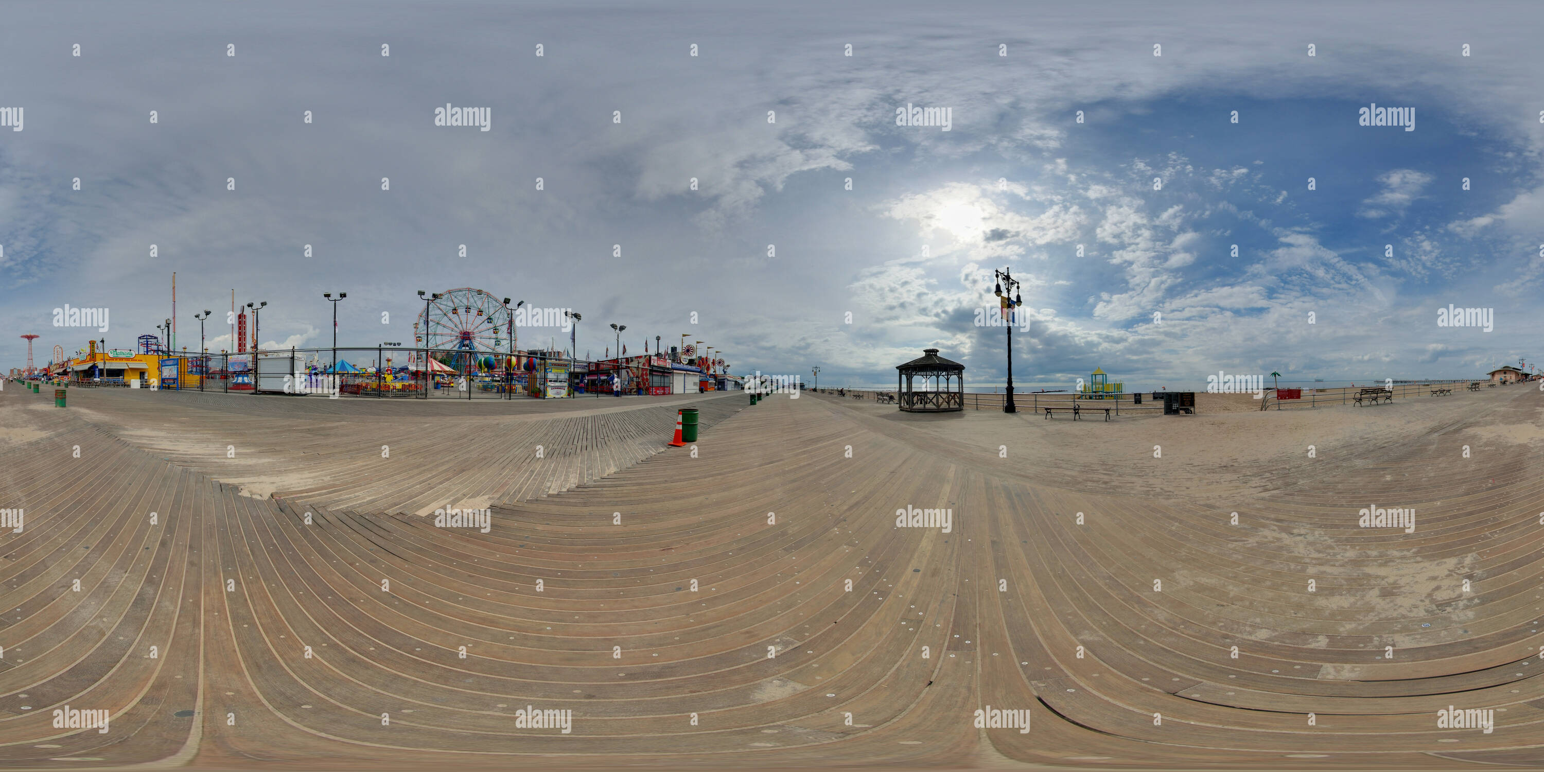 360 degree panoramic view of Coney Island Boardwalk