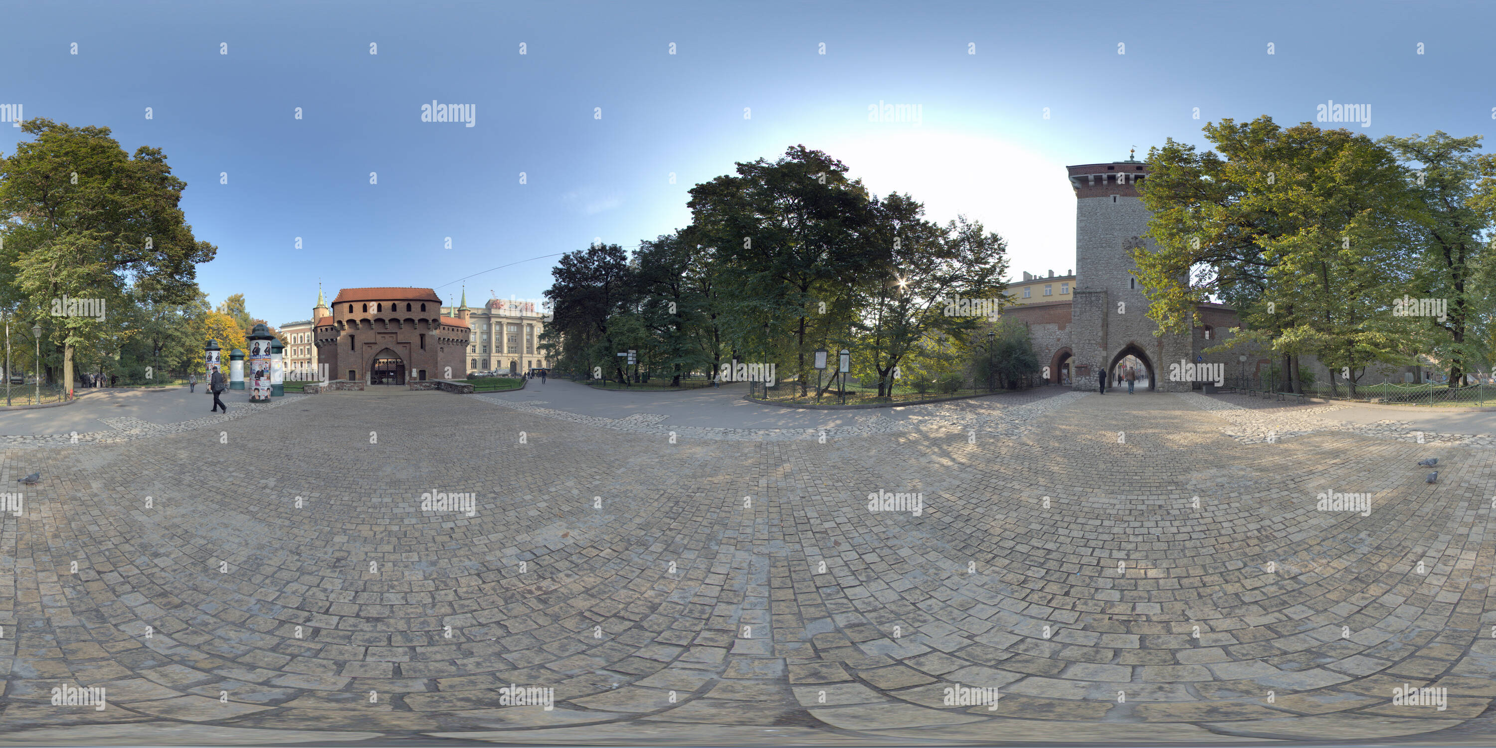 360 degree panoramic view of Barbakan Krakowski in Krakow