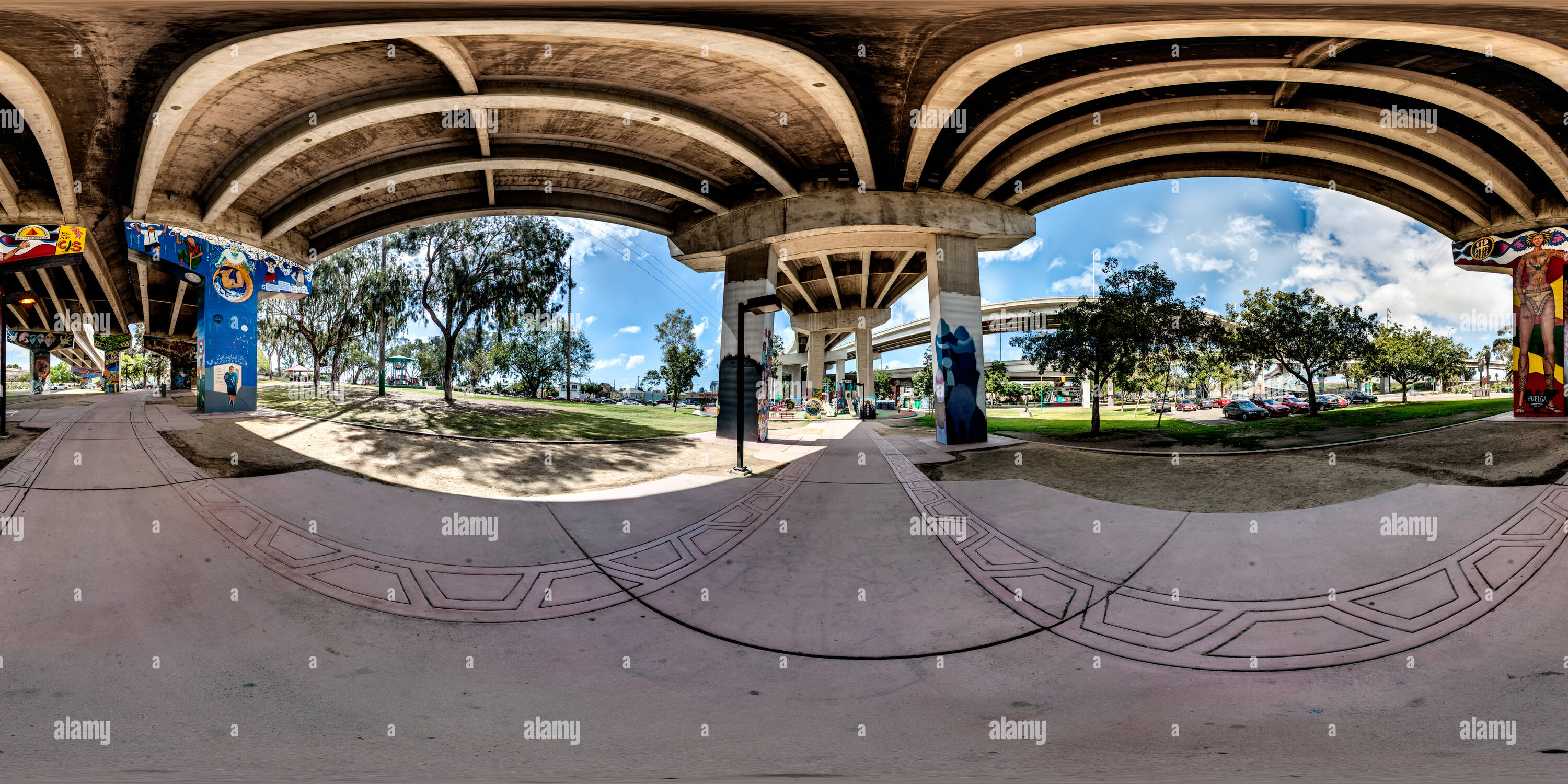 360 degree panoramic view of The Murals In Chicano Park, San Diego