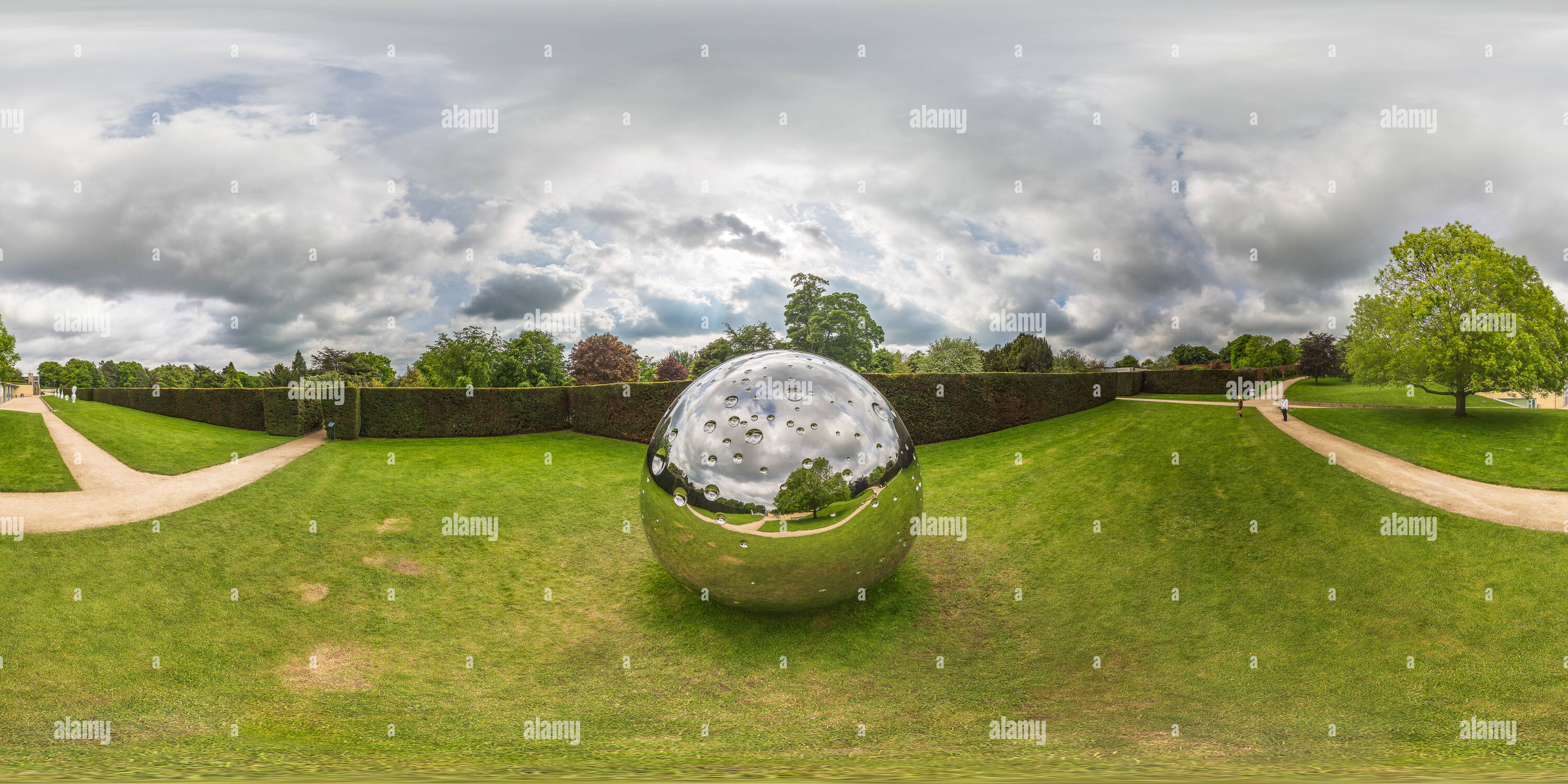 360 degree panoramic view of Not Vital's spherical stainless steel sculpture at Yorkshire Sculpture Park, West Bretton near Wakefield