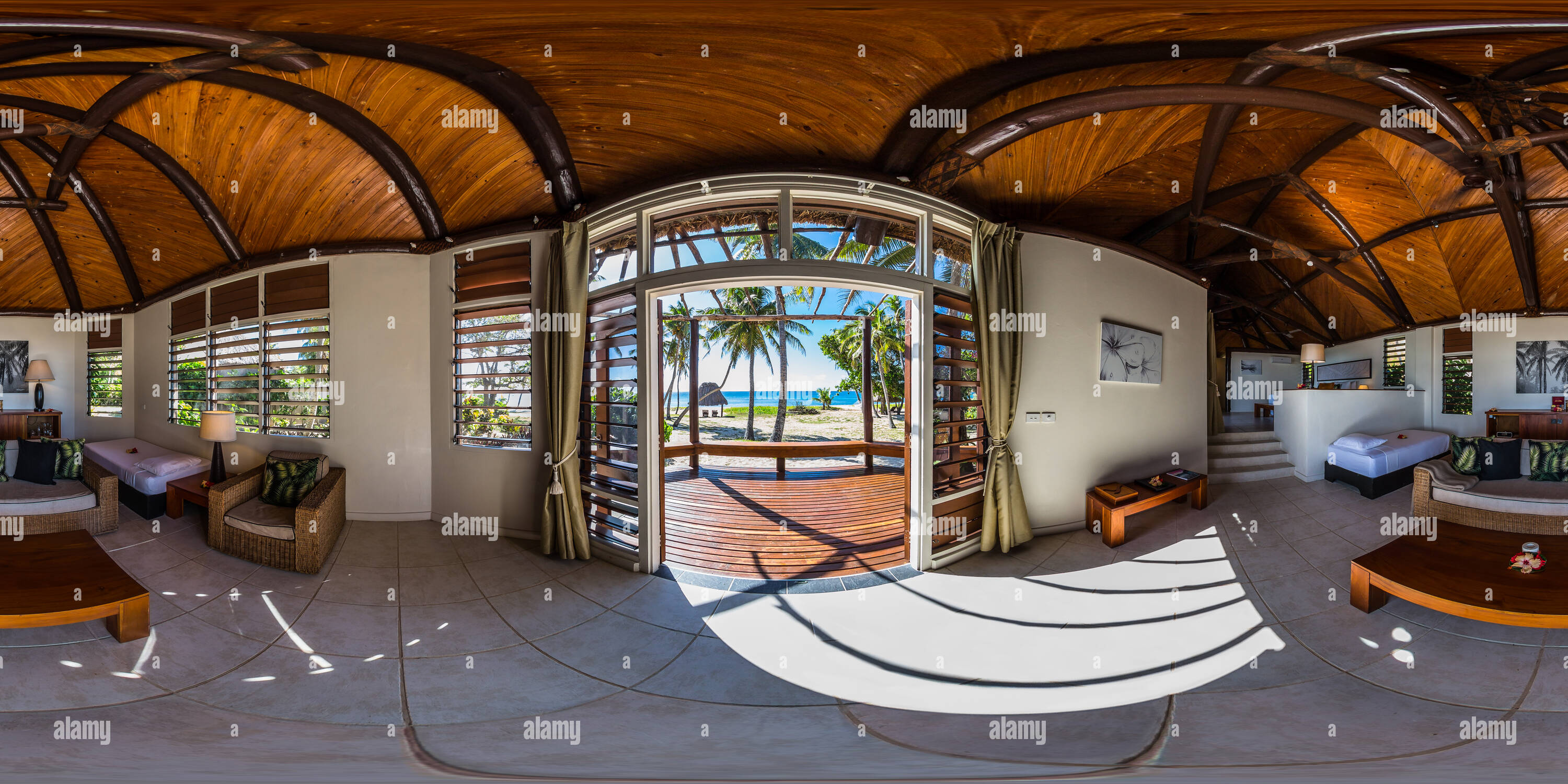 360° view of Deluxe Beachfront Bure Living Room Yasawa Island