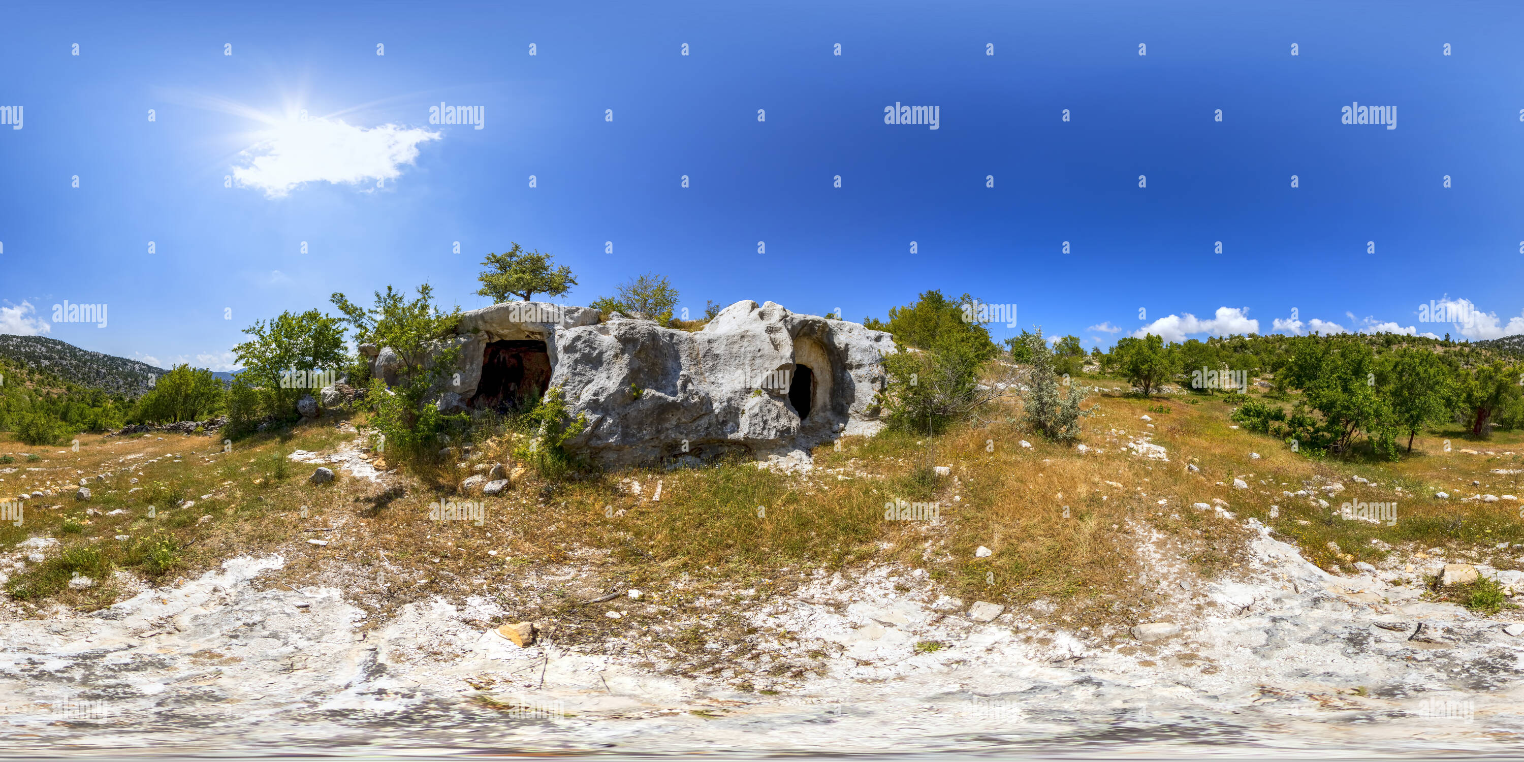 360 degree panoramic view of Archeological Site Of Kizilca Rock Tombs Bozyazi Vr Mersin 50b