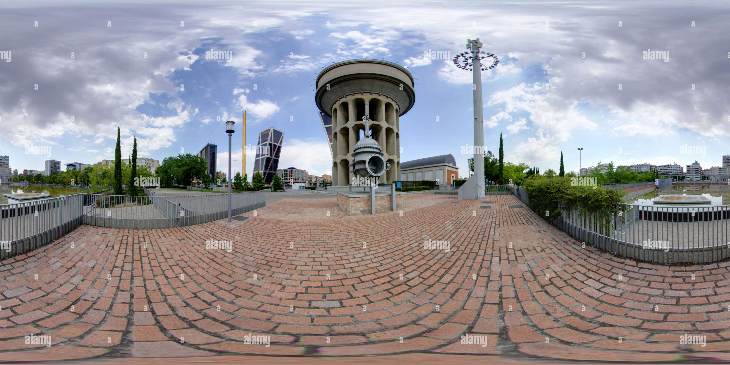 360 degree panoramic view of Water Tower of Canal de Isabel I and Fundación CanalI in Plaza Castilla, Madrid