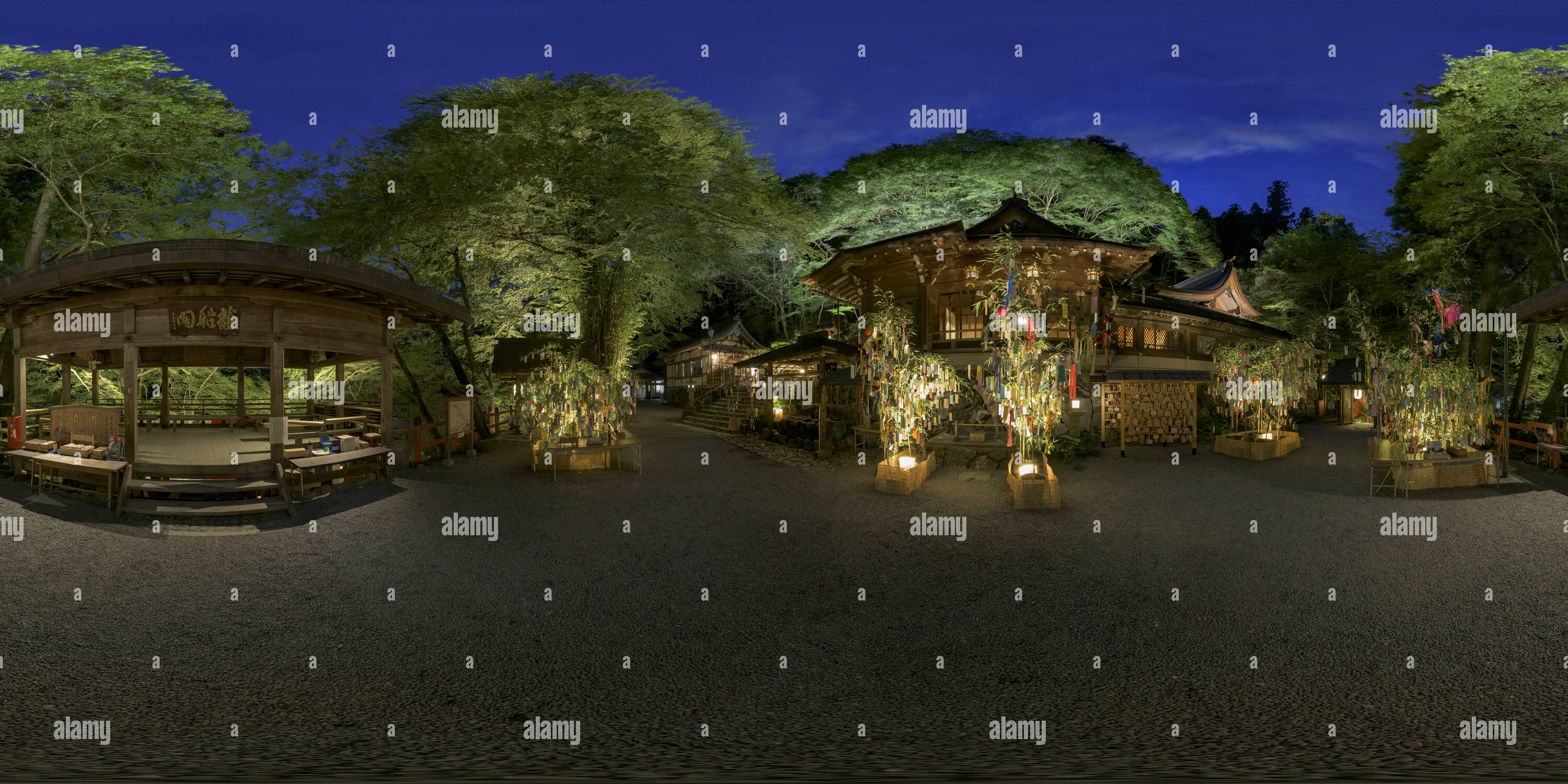 360 degree panoramic view of Kibune Shrine at night with lights on the lantern in Kyoto, Japan 06