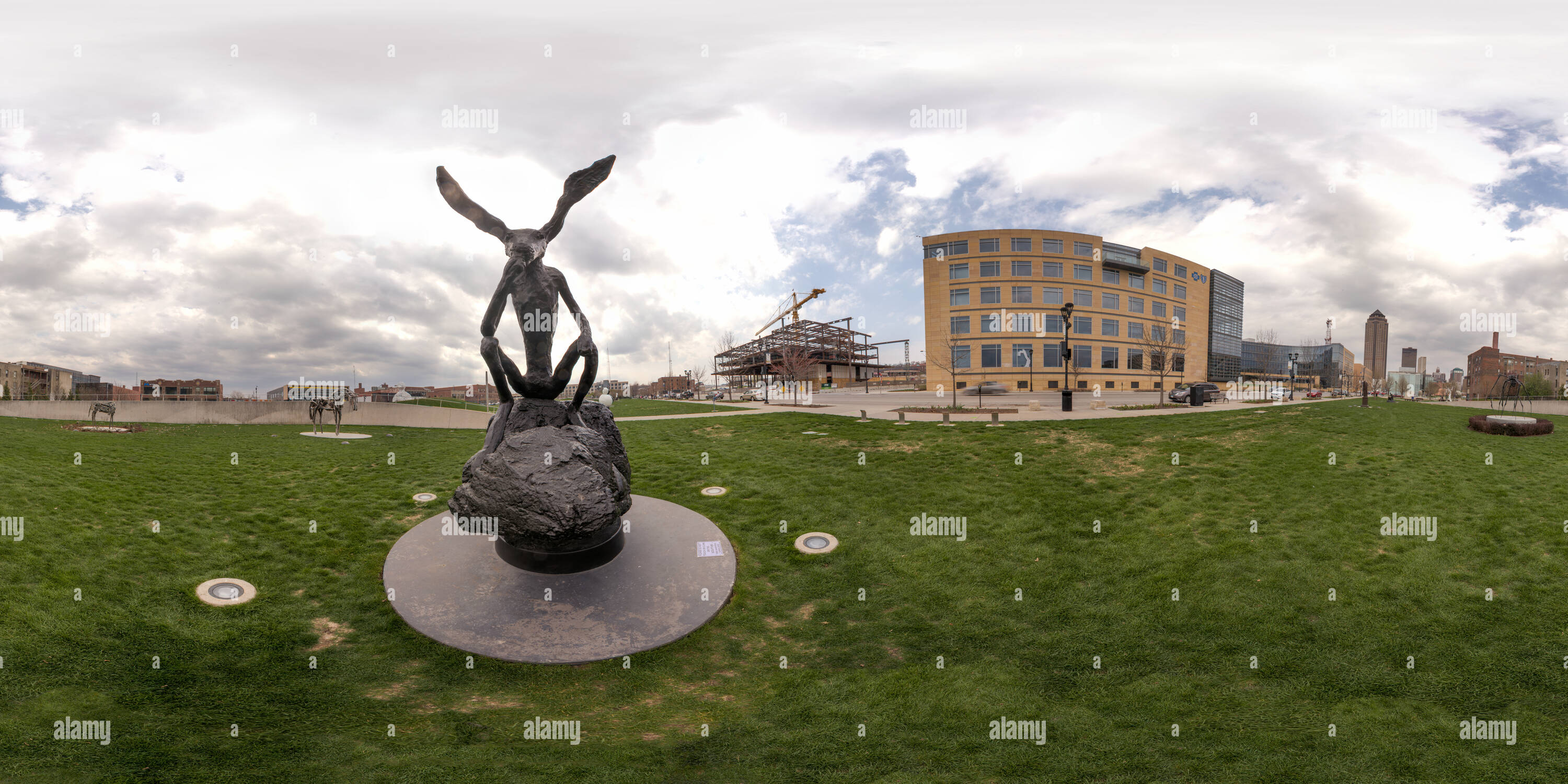 360 degree panoramic view of 'Thinker on a Rock' at Pappajohn Sculpture Park.  Des Moines, Iowa