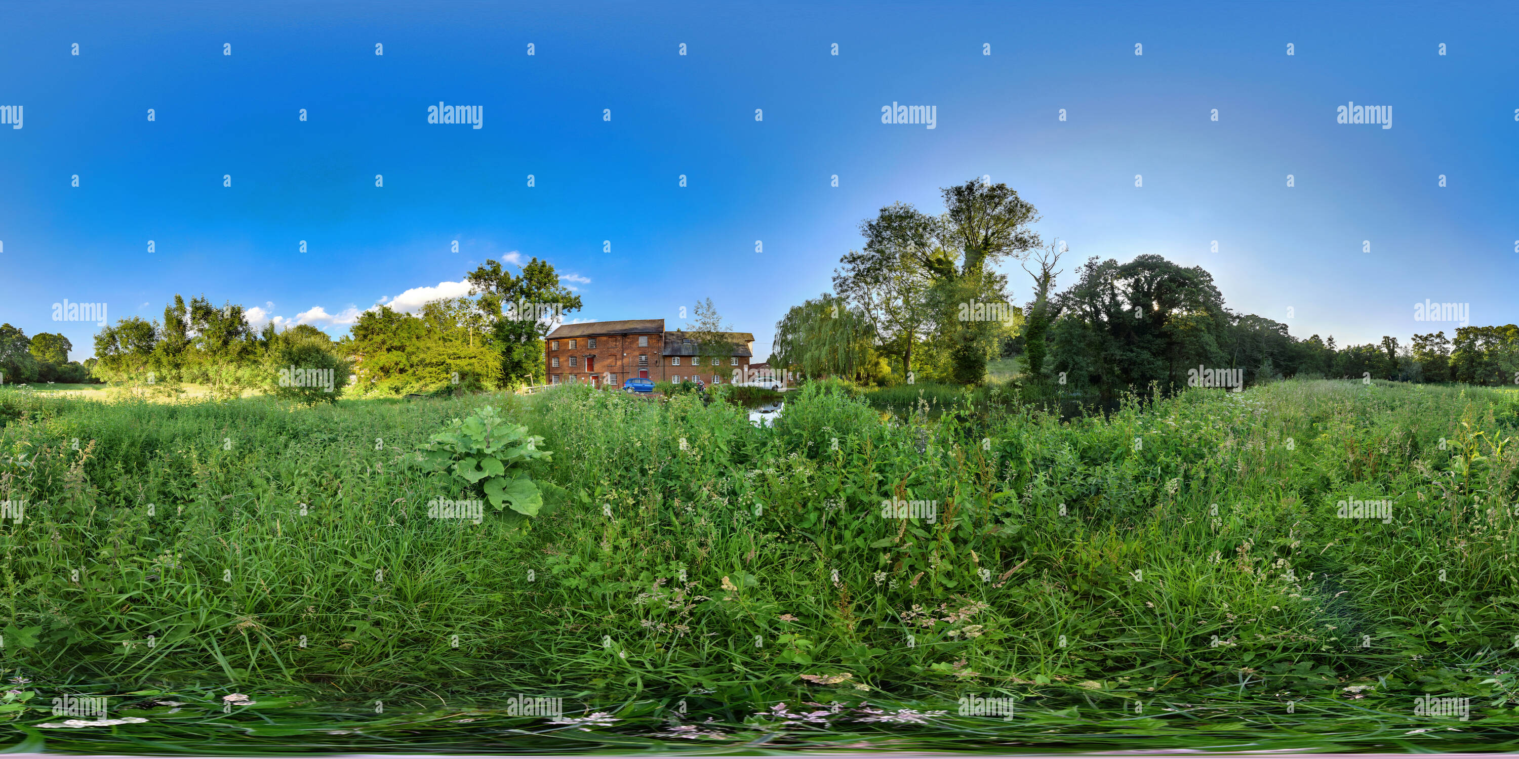 360 degree panoramic view of Oxted Mill Across The Water Meadow