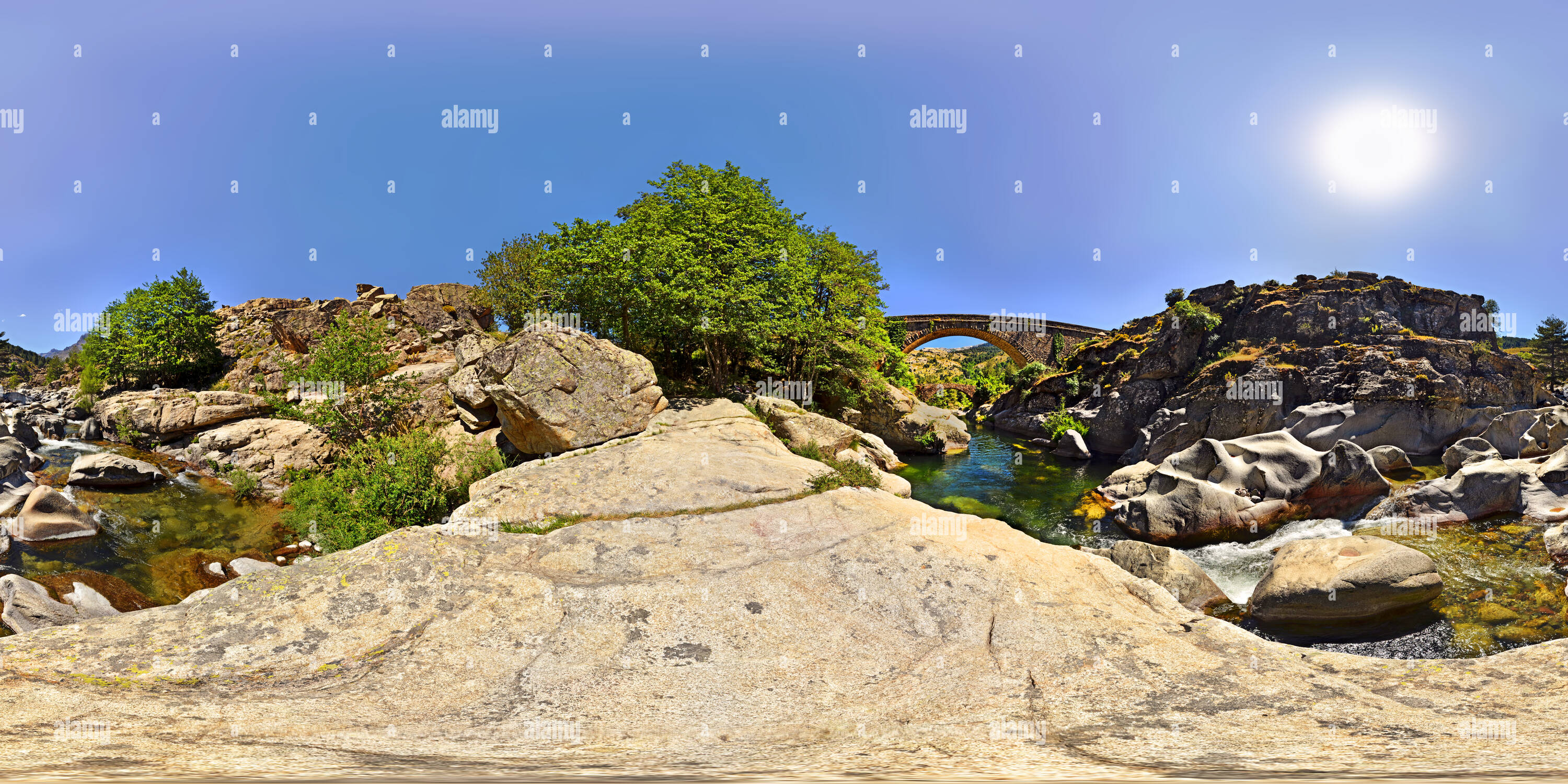 360 degree panoramic view of River with Bridge - Central Corsica