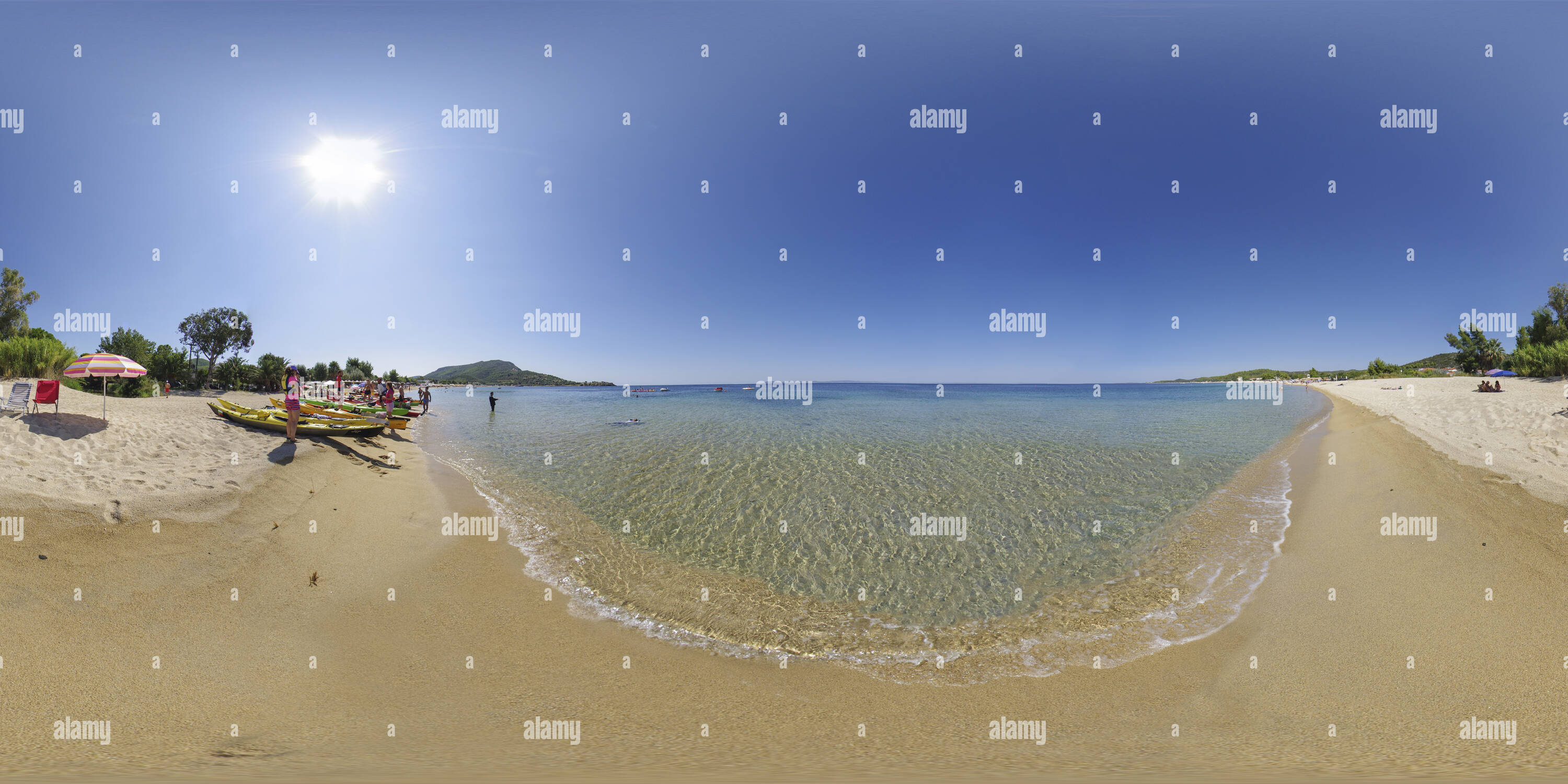 360 degree panoramic view of Toroni beach in summer, Sithonia, Greece