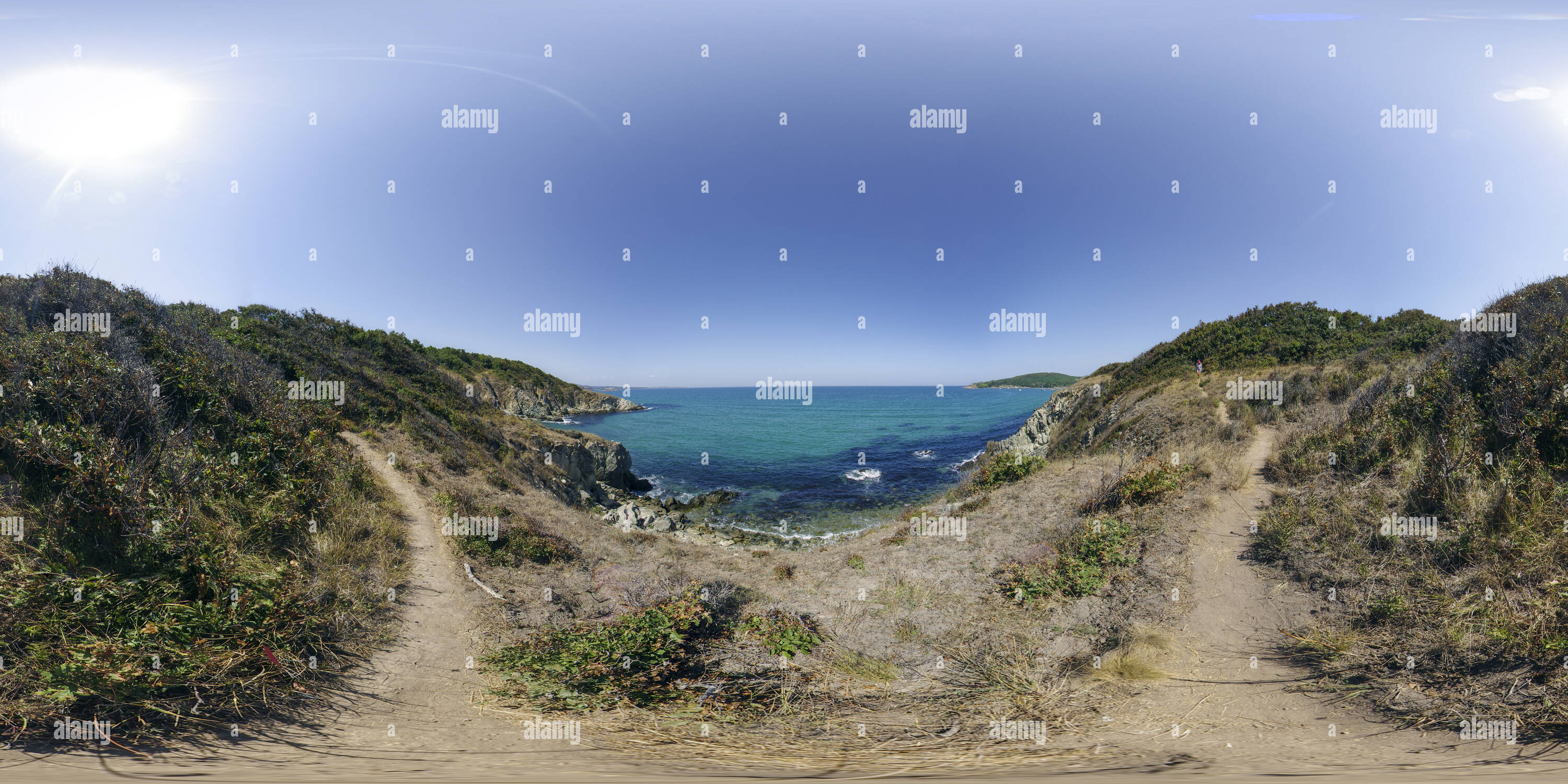 360 degree panoramic view of Road from Arkutino to Ropotamo beach in summer, Bulgaria