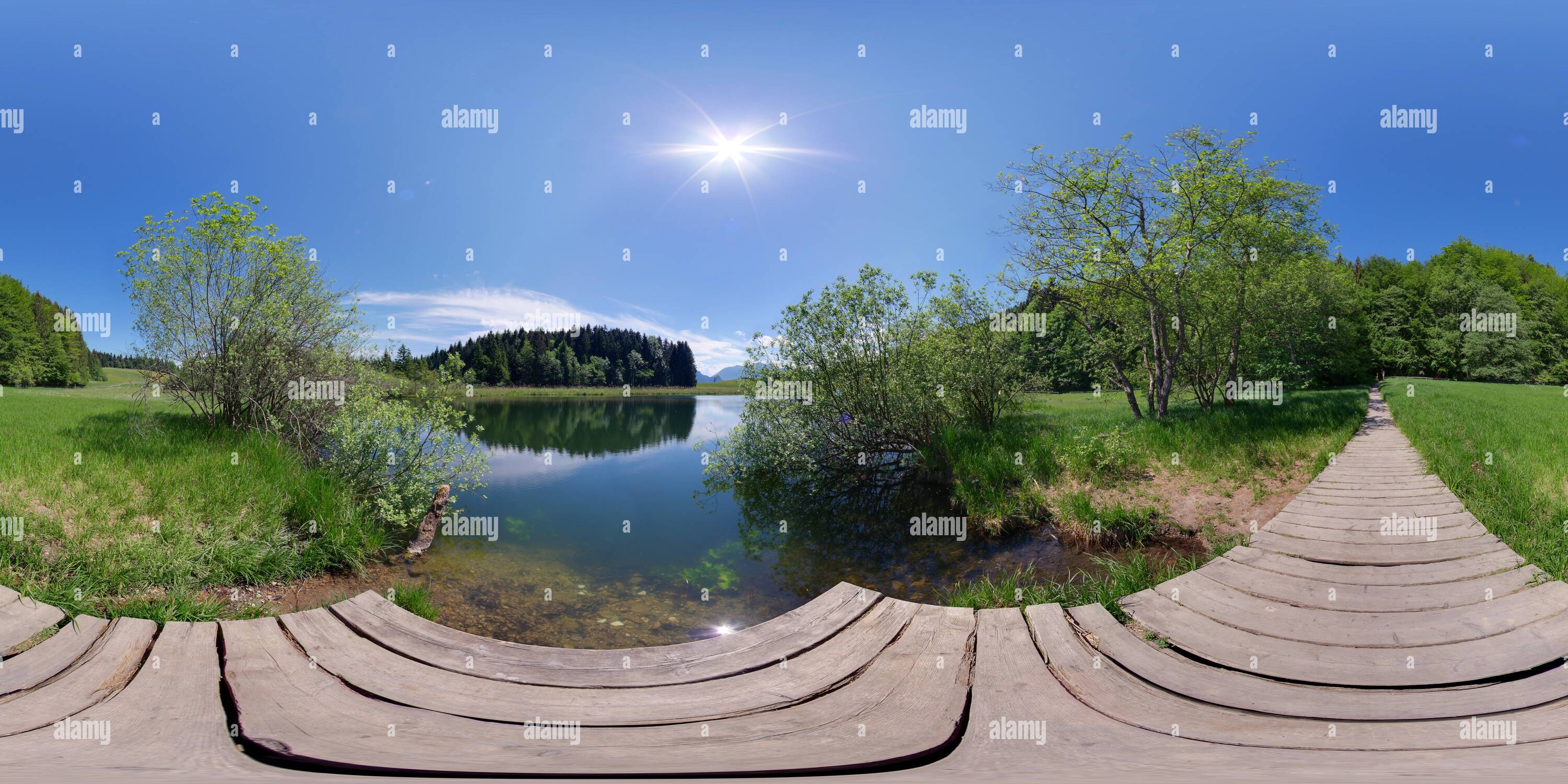 360 degree panoramic view of Sunny day on pier at moor lake Egelsee, Unterach