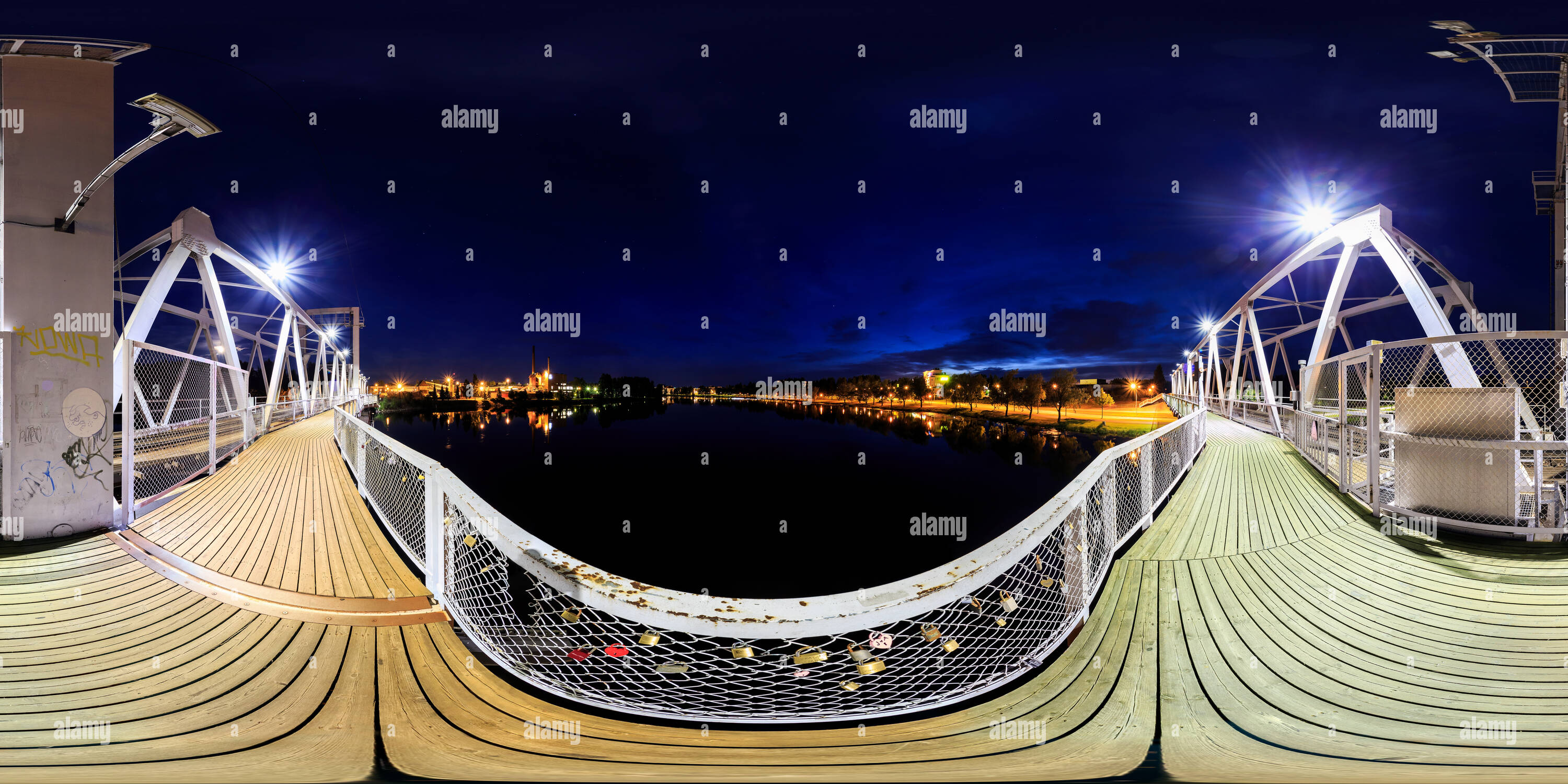 360 degree panoramic view of Joensuu Railway Bridge at Night