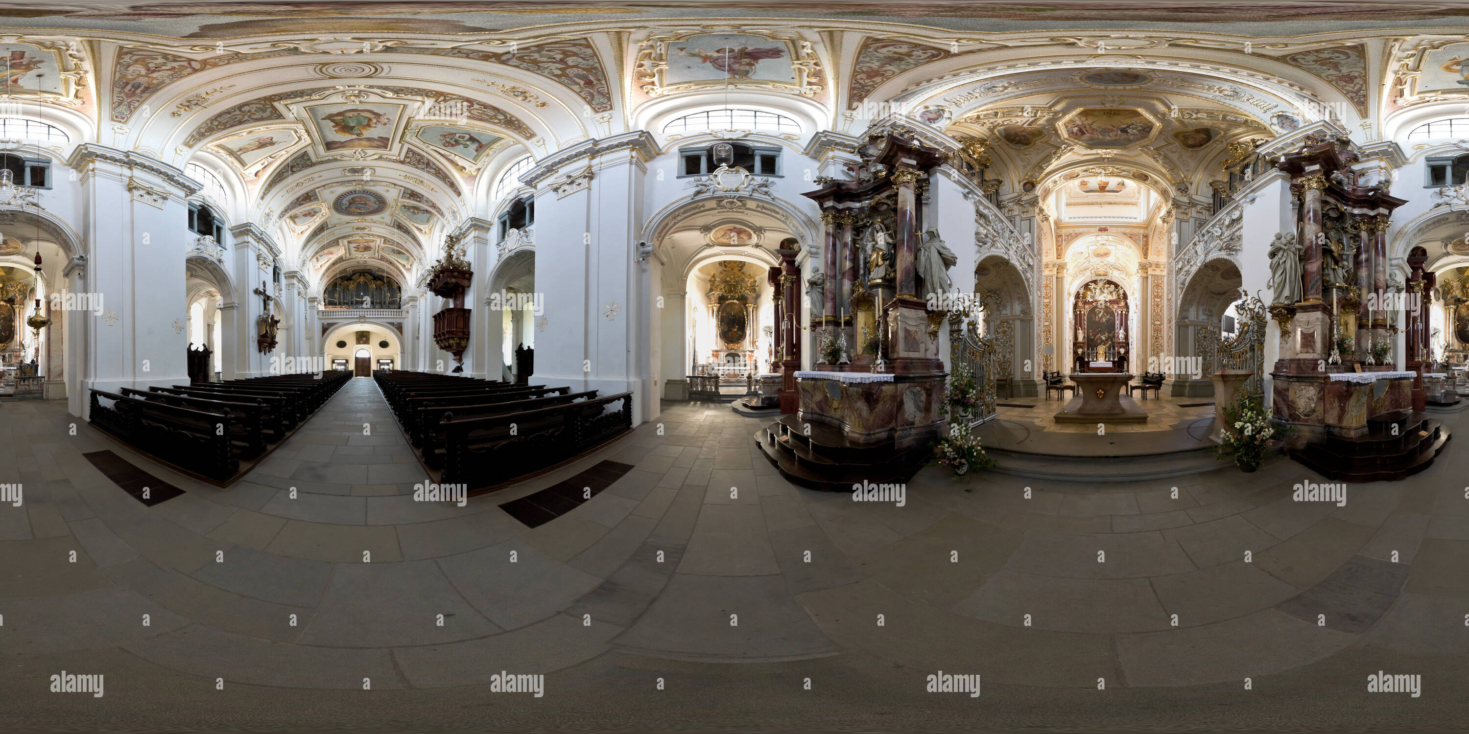360 degree panoramic view of St Lorenz Basilica, Interior, Kempten 2017-07