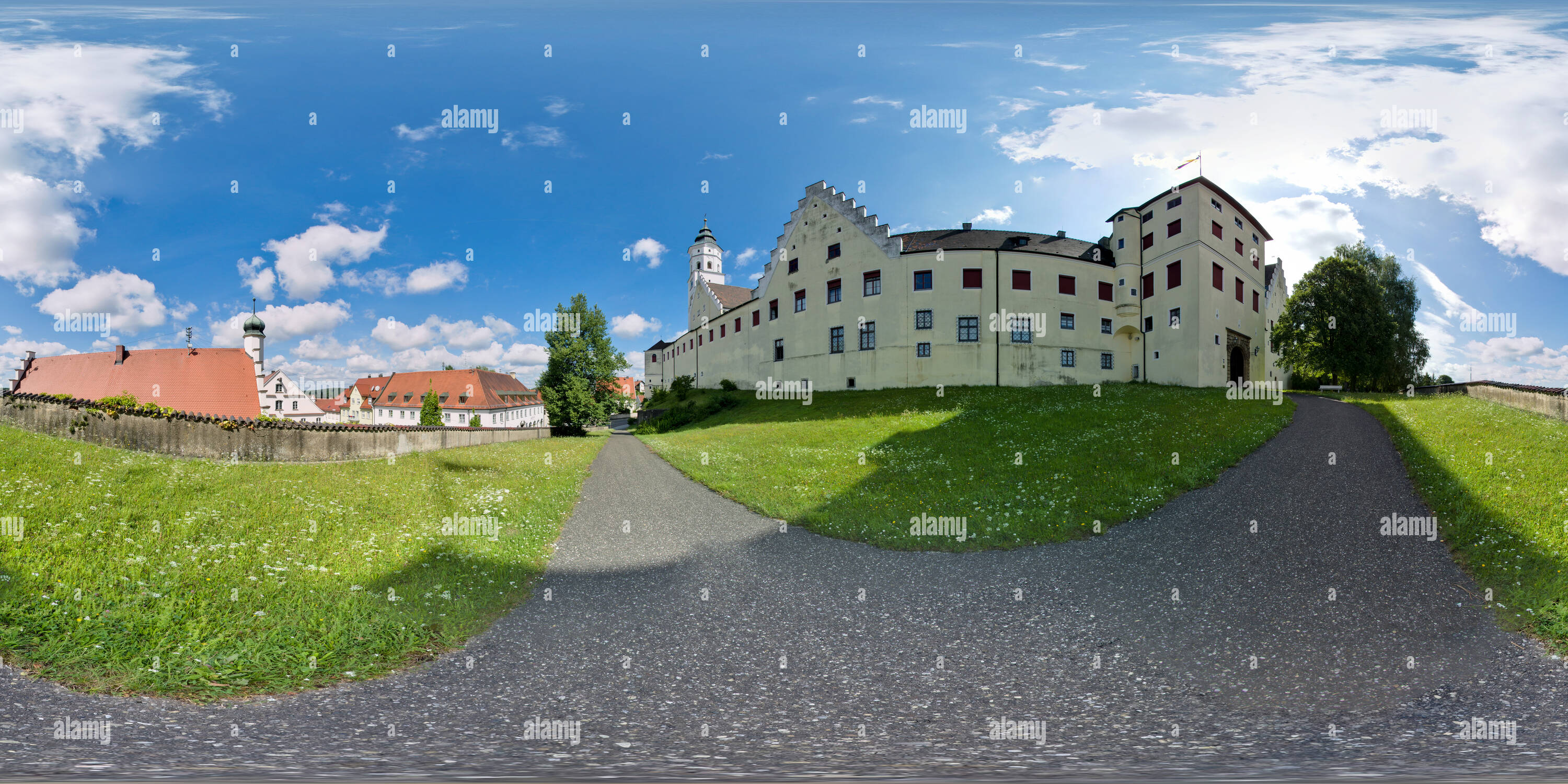 360 degree panoramic view of Fugger Castle and St Andreas Church, Babenhausen 2017-07