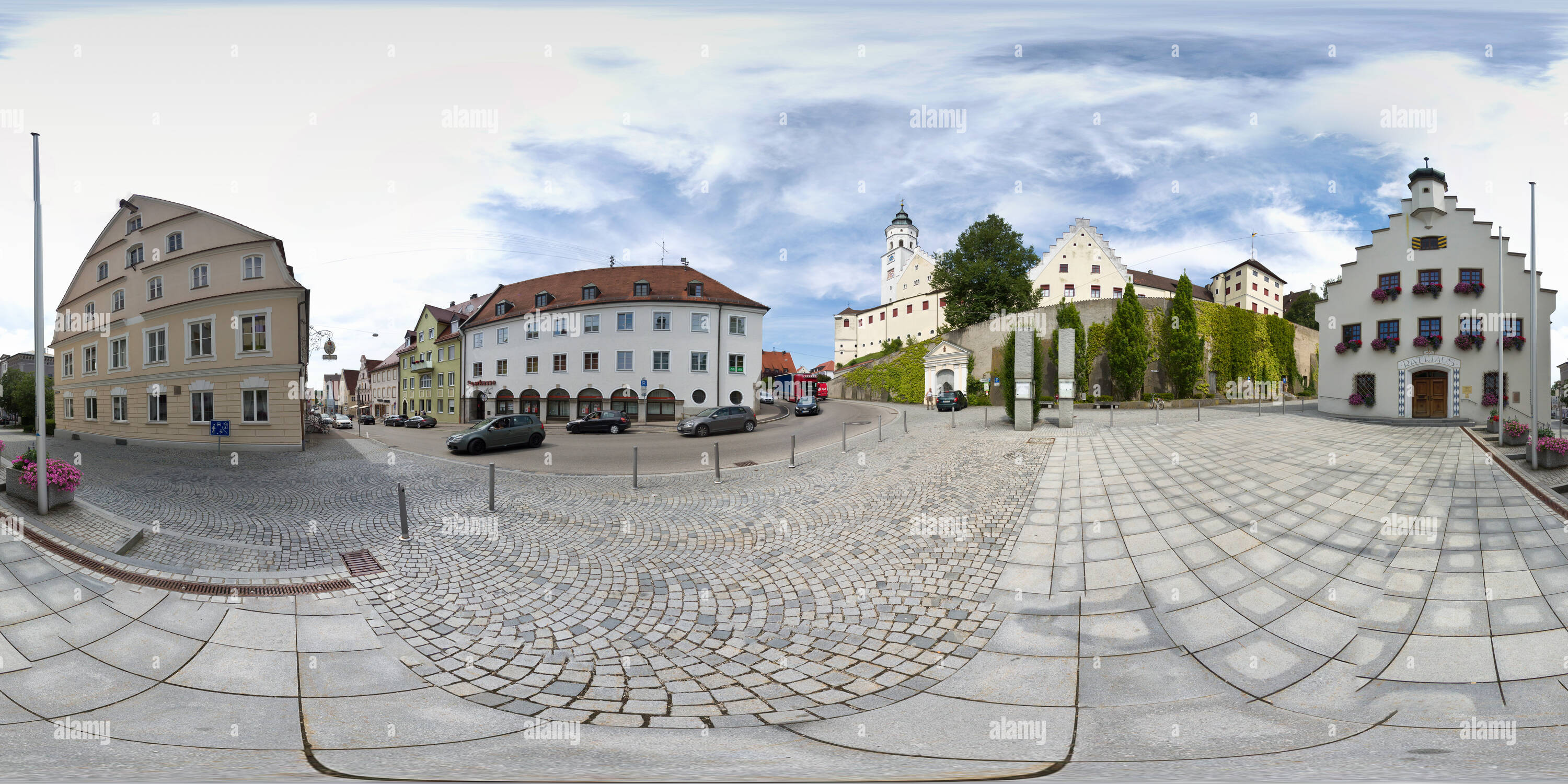 360 degree panoramic view of Town Hall, Fugger Castle and St Andreas Church, Babenhausen, 2017-07