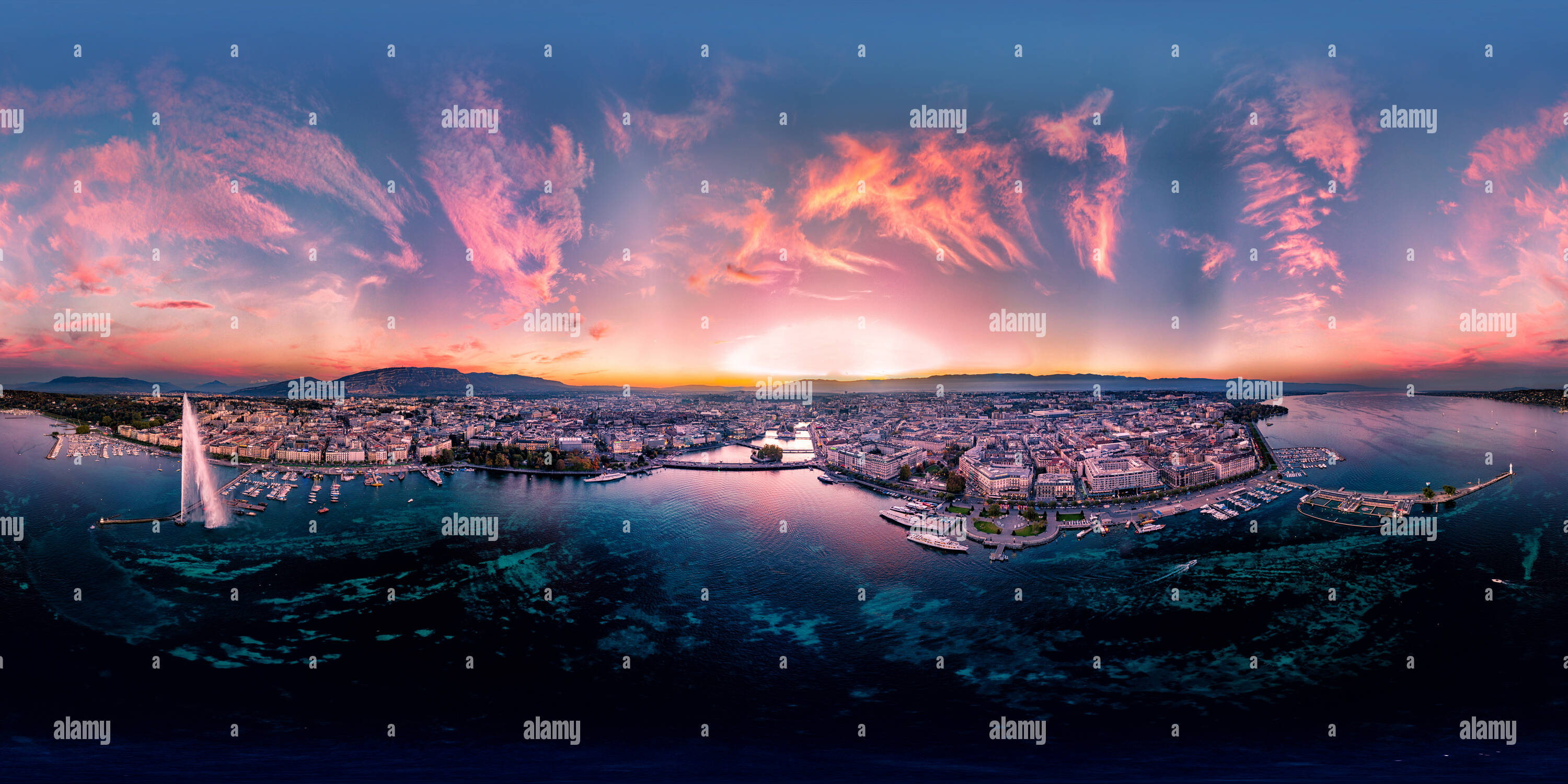 360 degree panoramic view of Geneva sunset 20 gigapixel Skyline 360 Panorama, Switzerland