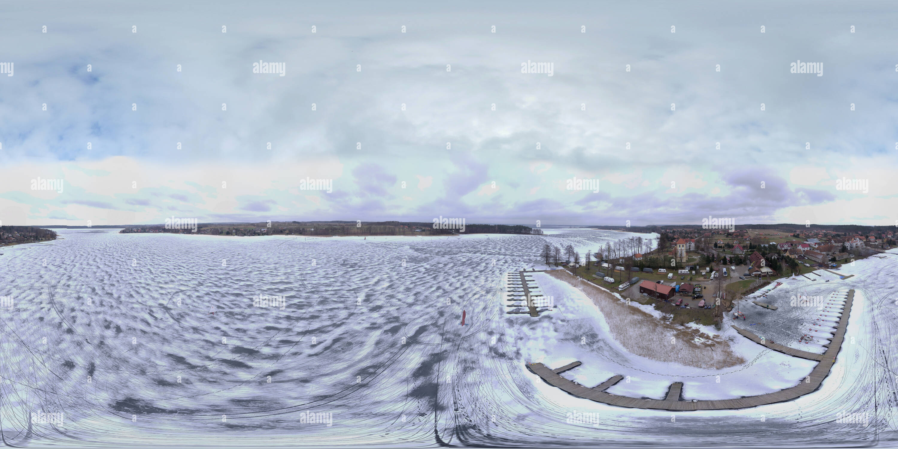 360 degree panoramic view of Lakes covered with ice from 35m