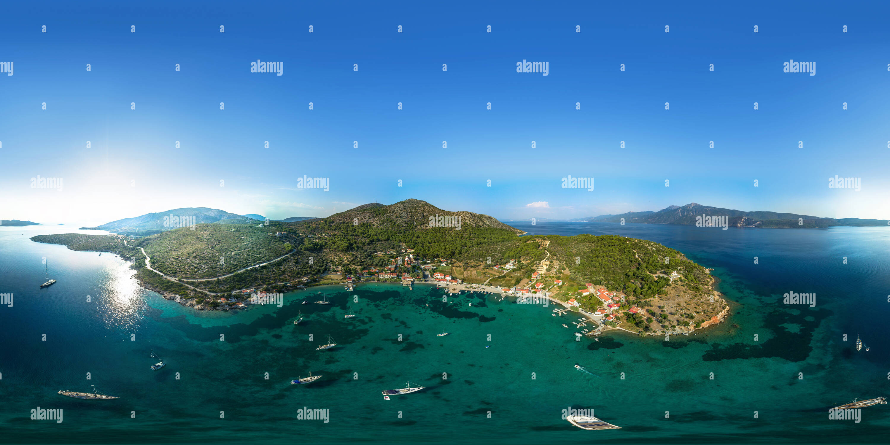360 degree panoramic view of Samos island. The mooring in Posidonio
