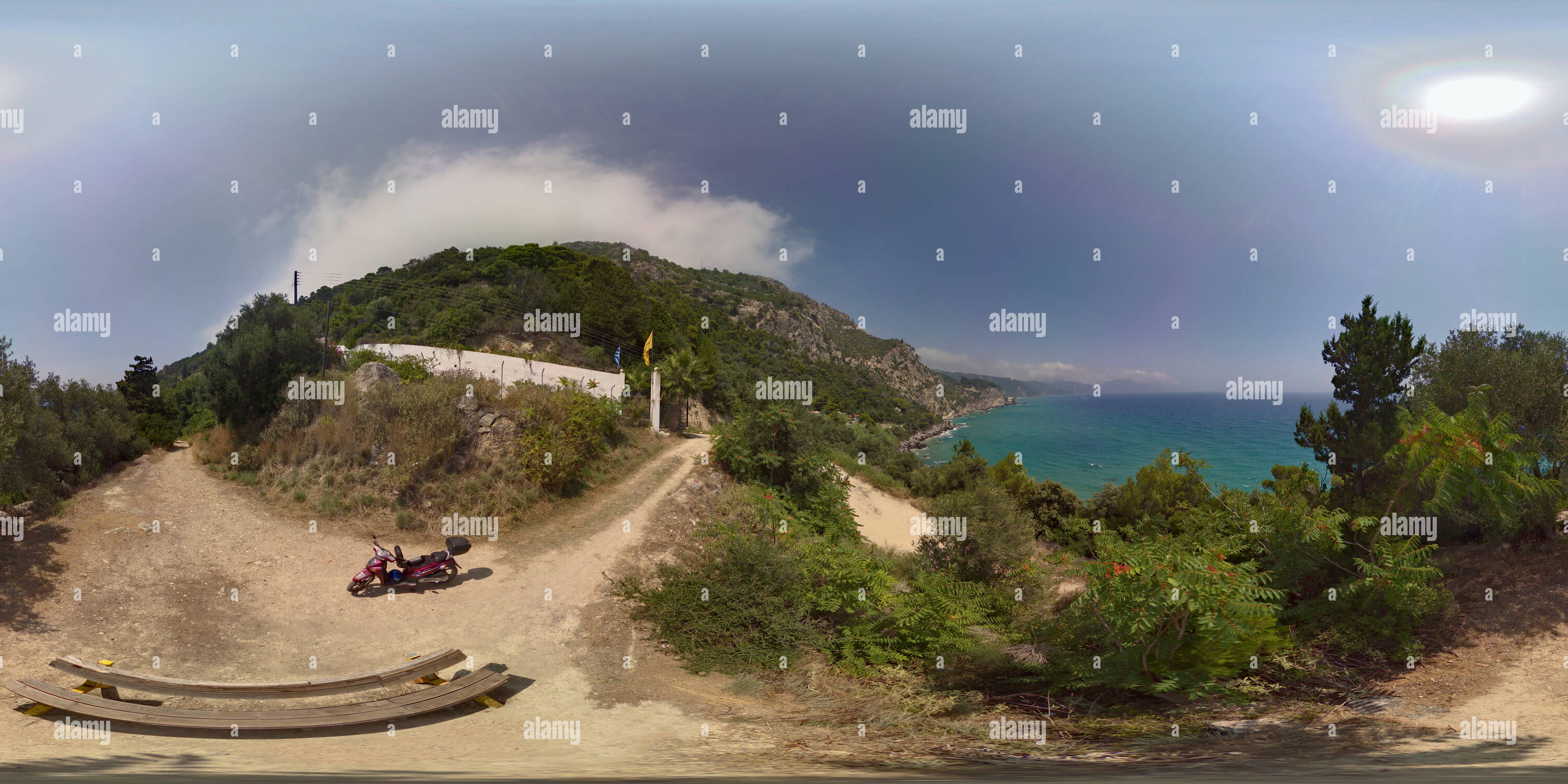 360 degree panoramic view of Mirtiotissa Beach - Viewpoint Bench (Corfu, Greece)