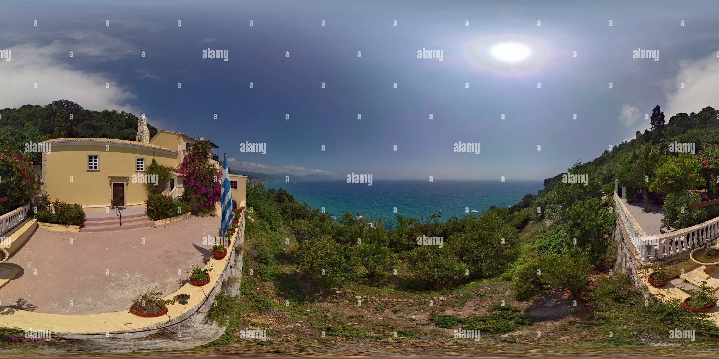 360 degree panoramic view of Monastery Panagia Mirtiotissa Outside Corfu Greece Alt 2