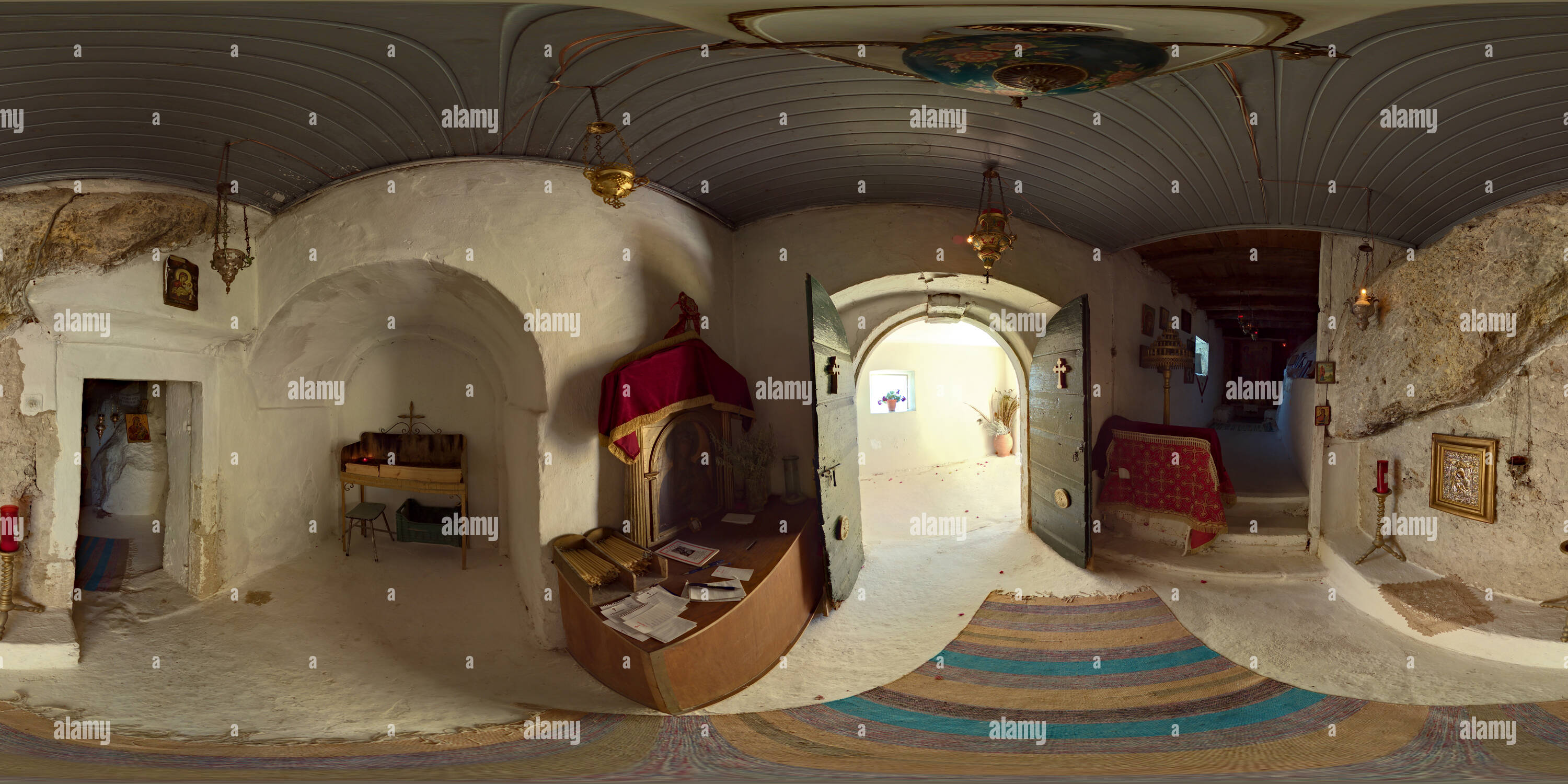 360 degree panoramic view of Monastery Panagia Mirtiotissa Inside Corfu Greece