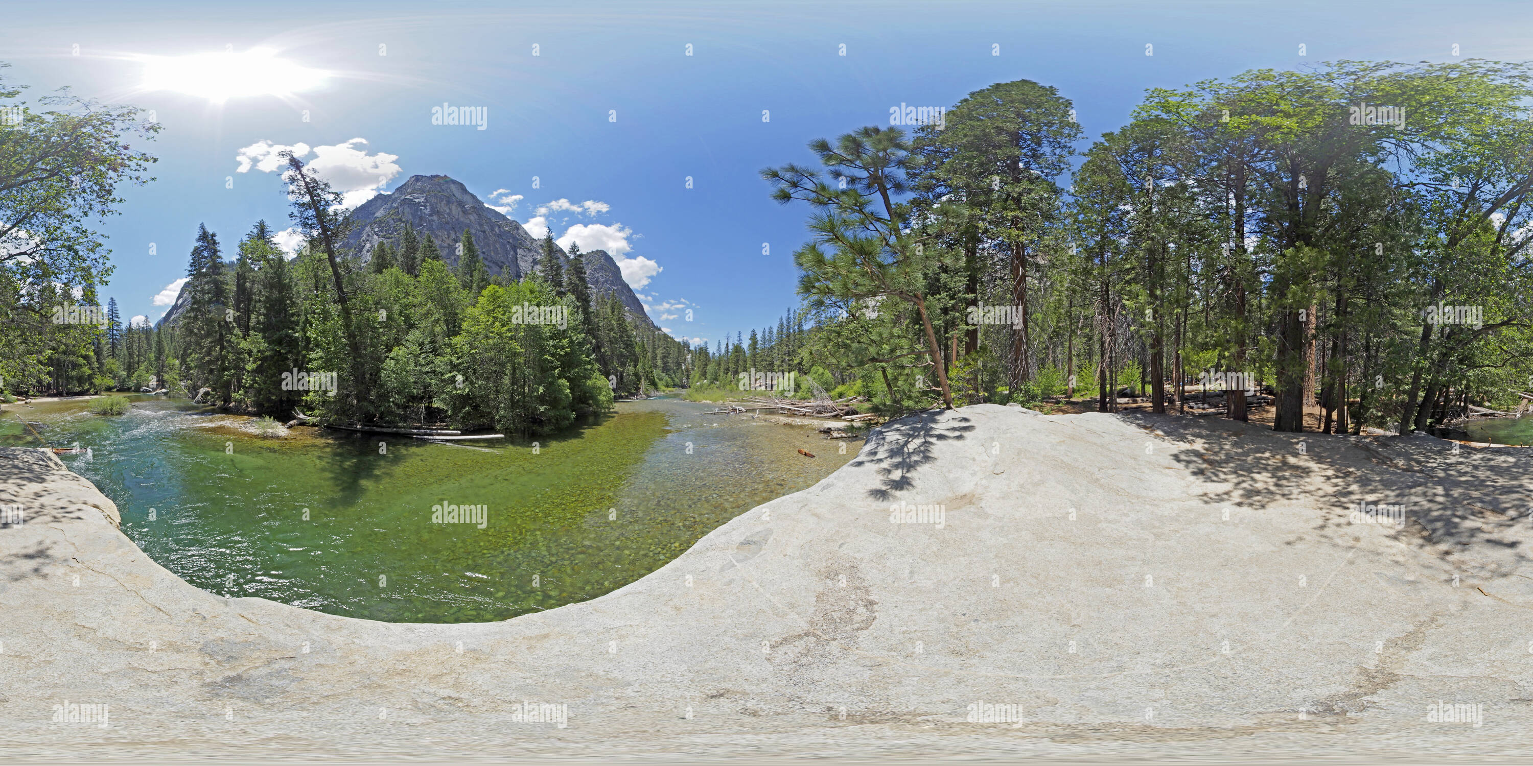 360 degree panoramic view of Muir's Pulpit is a large rock in the Kings River, where John Muir gave talks to Sierra Club outings.