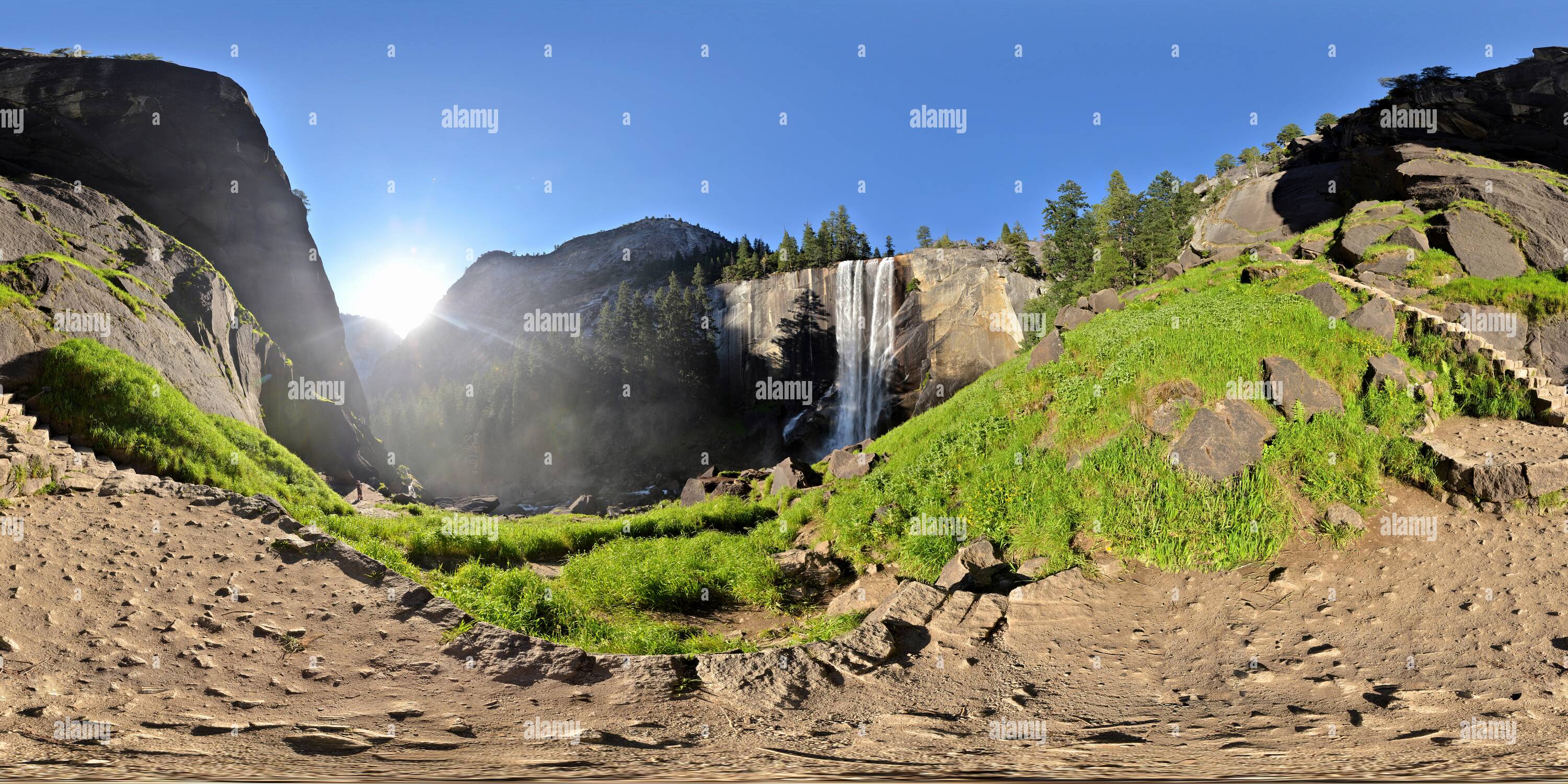 360 degree panoramic view of Yosemite Vernall Falls overlook from beneath