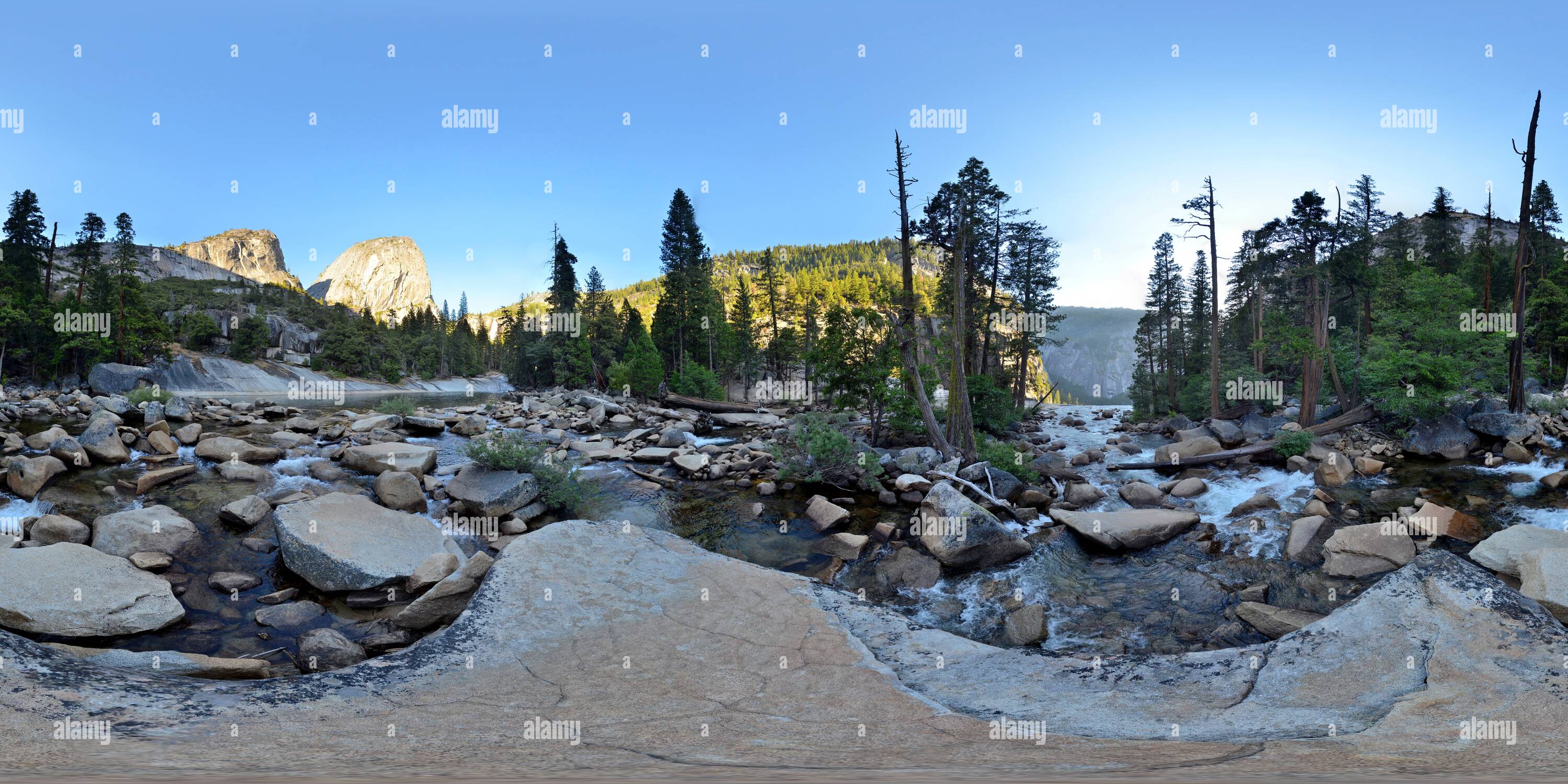 360 degree panoramic view of Top of Vernal Falls, on a rock in Emerald Pool