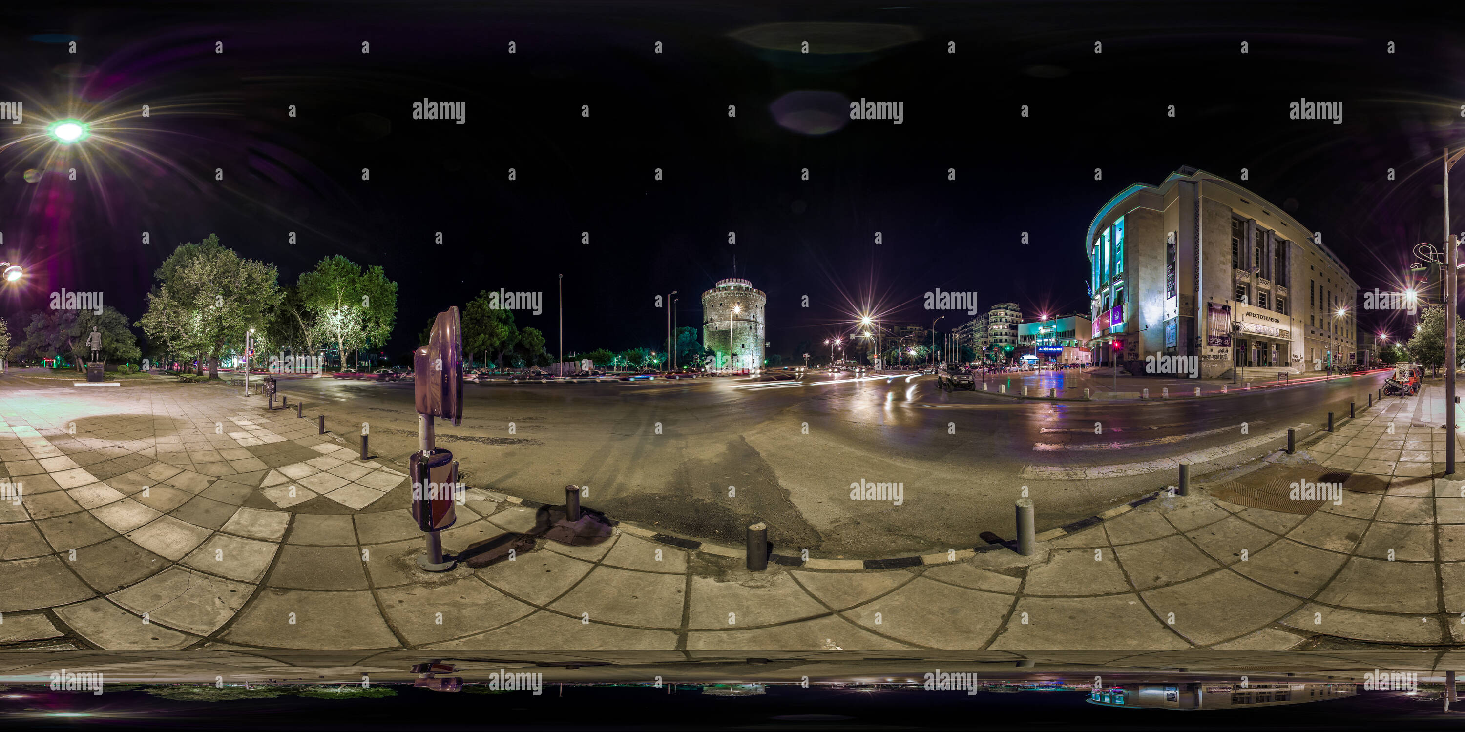 360 degree panoramic view of The Wight Tower of Thessaloniki, by night.
