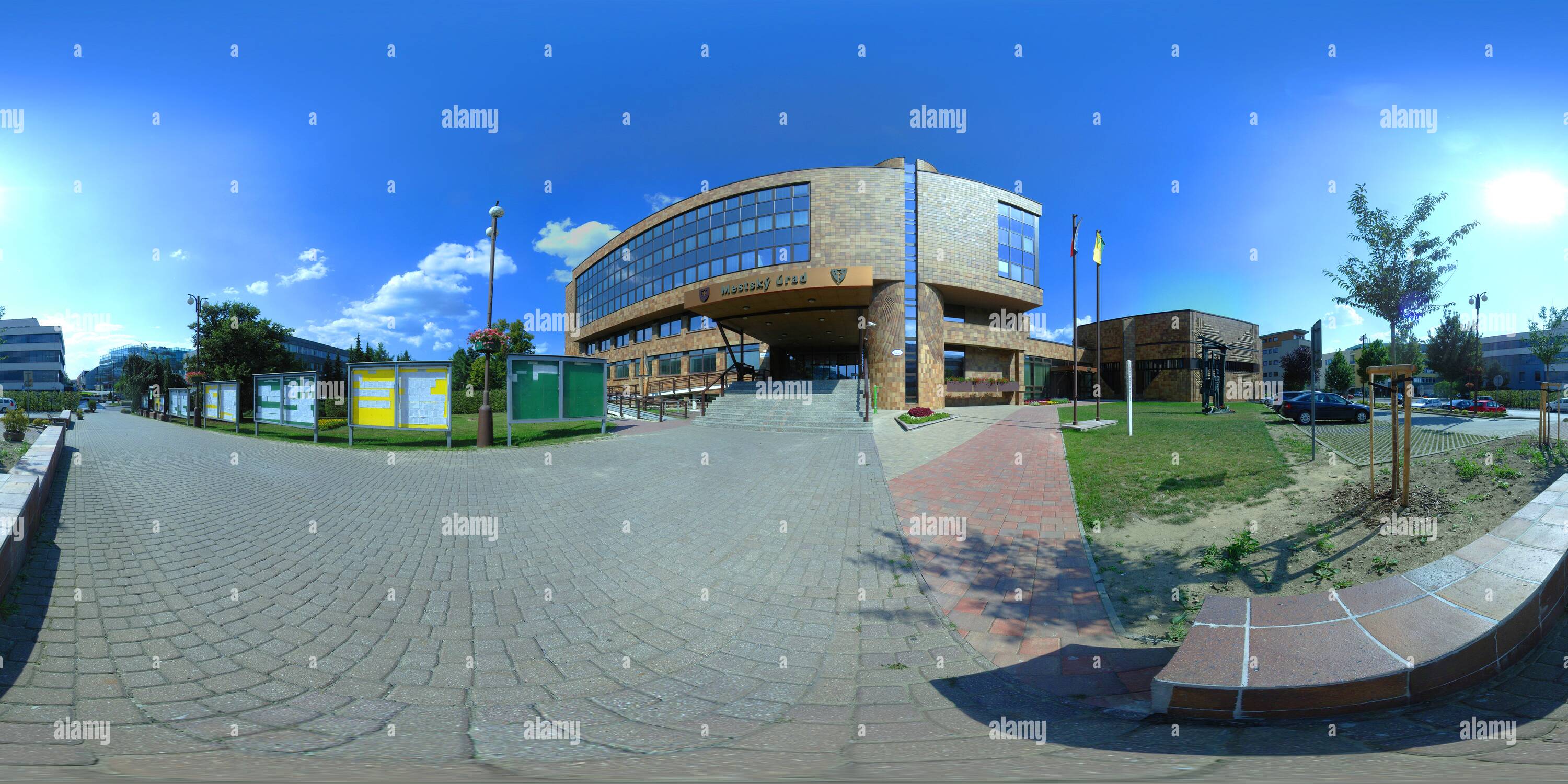 360 degree panoramic view of Žilina - Municipial Council building and monument to the victims of communism