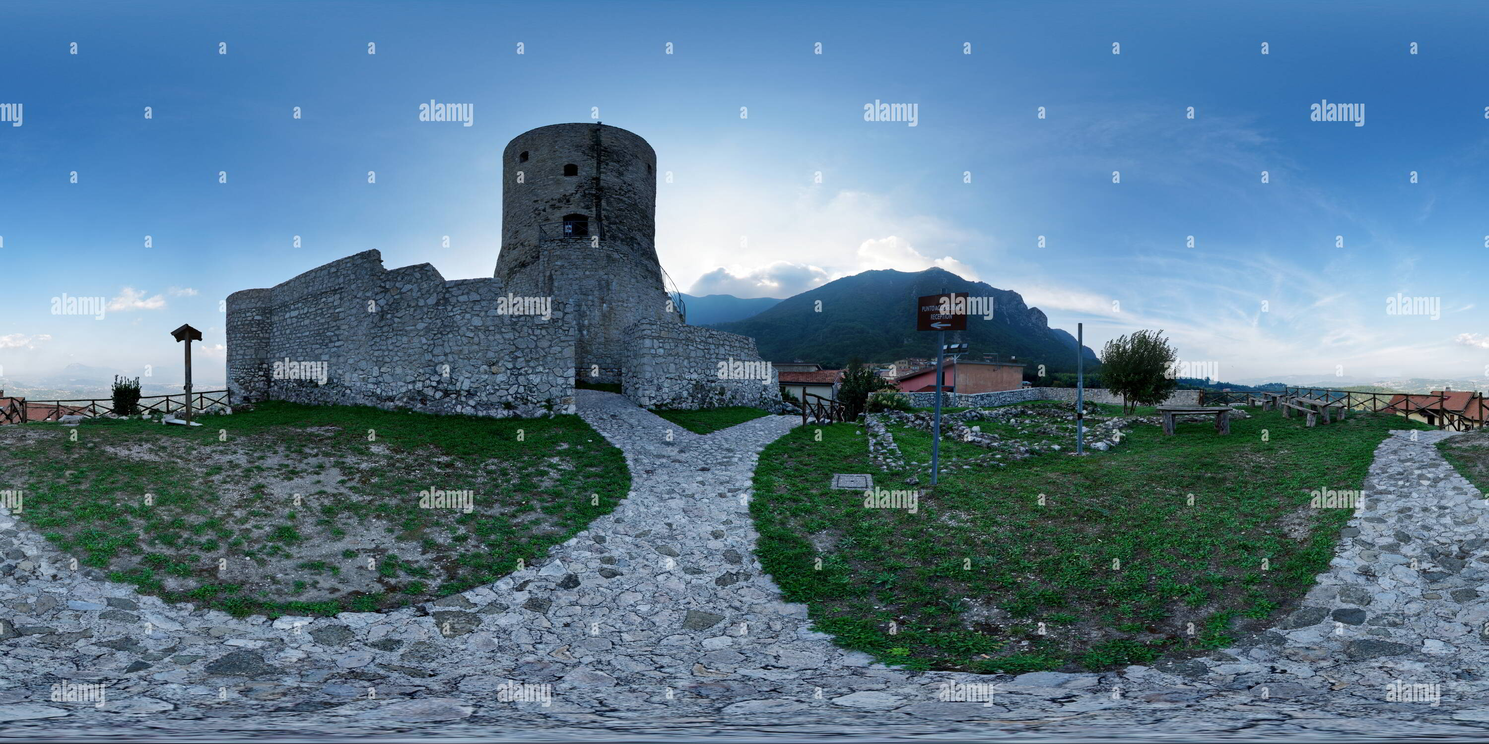 360 degree panoramic view of Torre Angioina at dusk, Summonte, Avellino province, Irpinia, September 2018