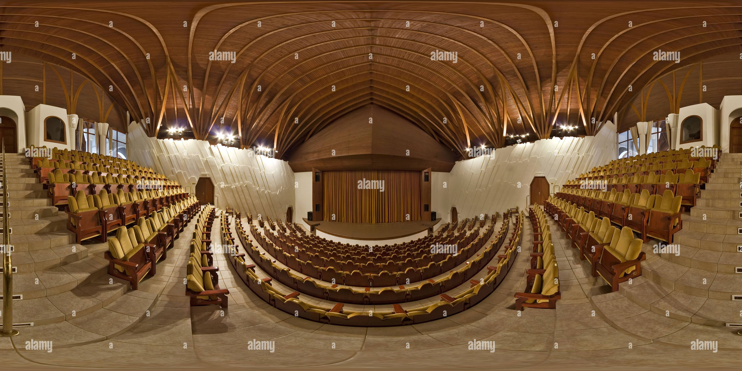 360 degree panoramic view of Onion House Cultural centre (Hagymaház) - Theatre auditorium - planning Imre Makovecz