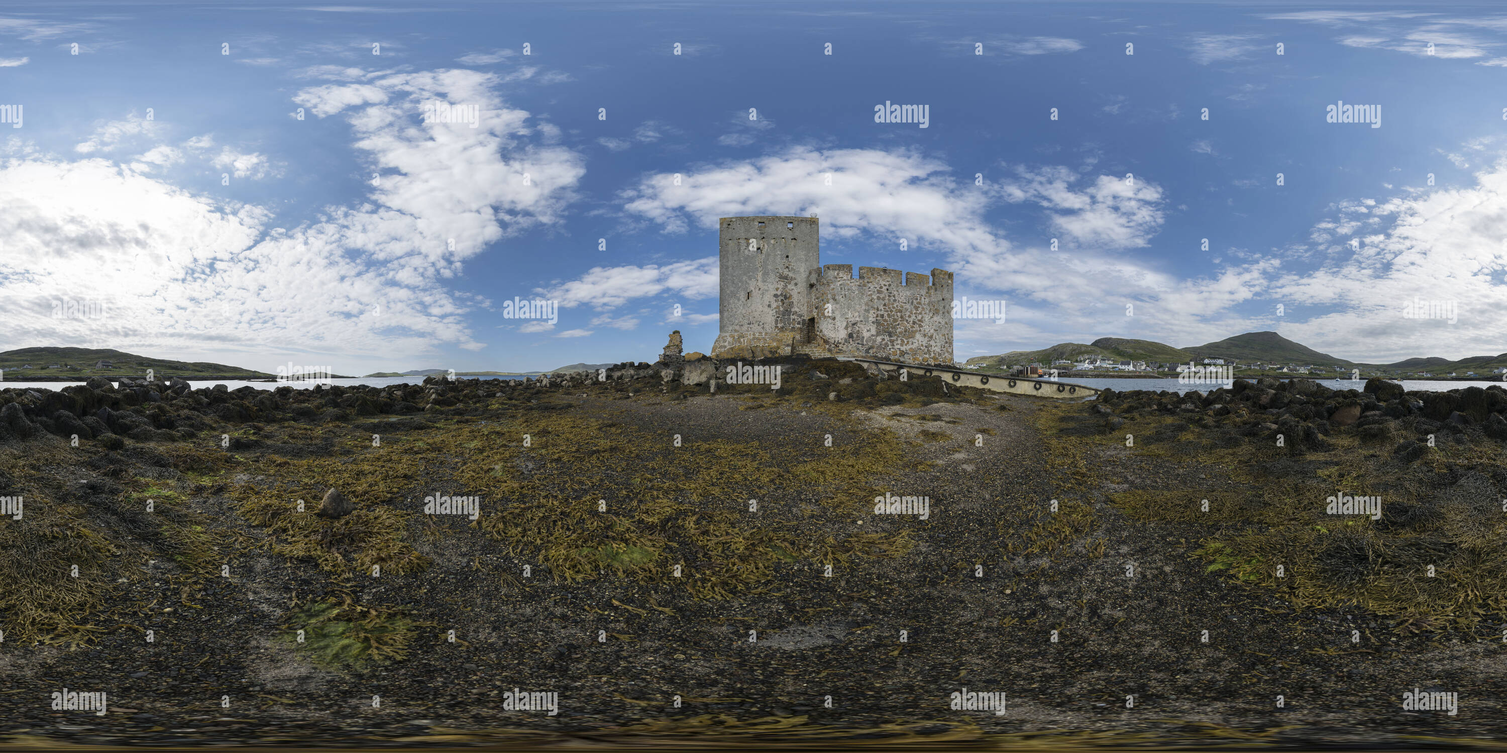 360 degree panoramic view of Low tide at Kisimul Castle, Castlebay