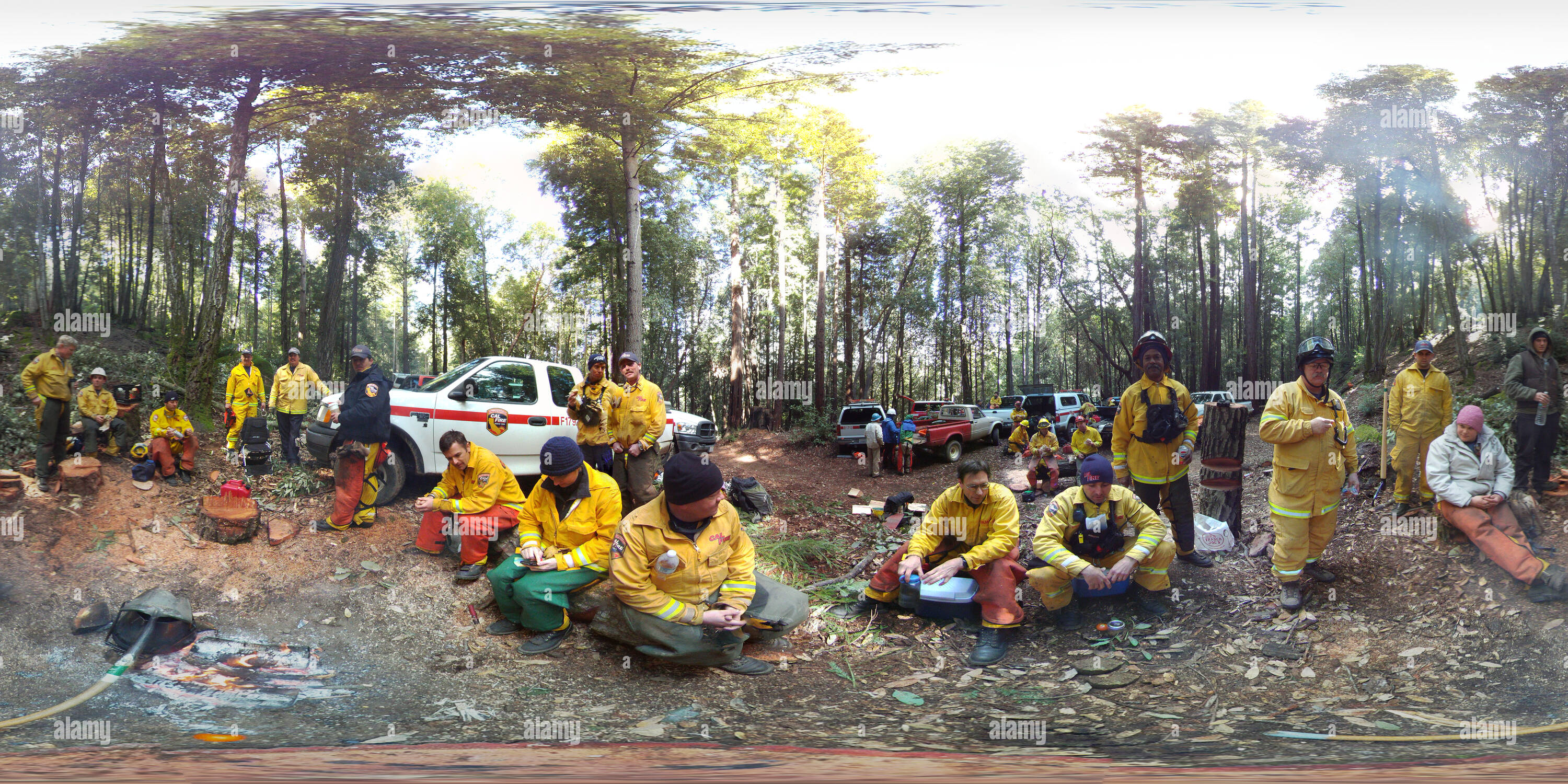 360 degree panoramic view of CalFire SDSF 2013 Chainsaw Training class warms up at lunch