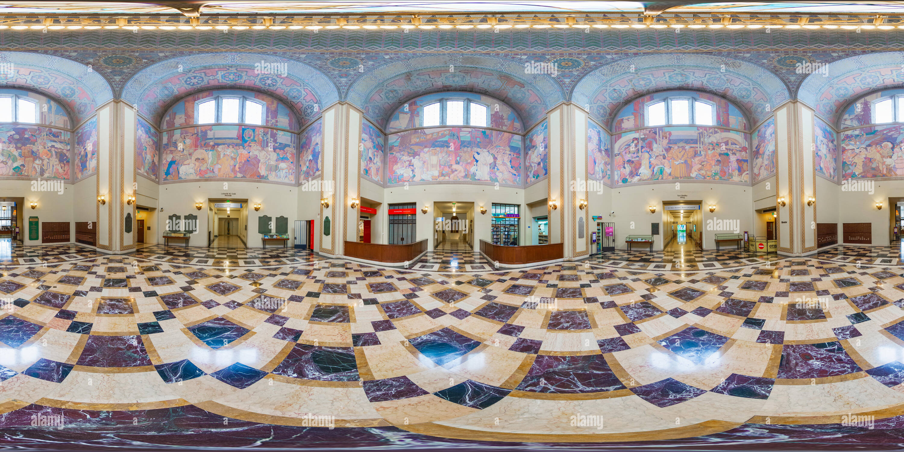 360 degree panoramic view of Grand Rotunda at the Central Library in downtown Los Angeles, featuring murals by Dean Cornwell.