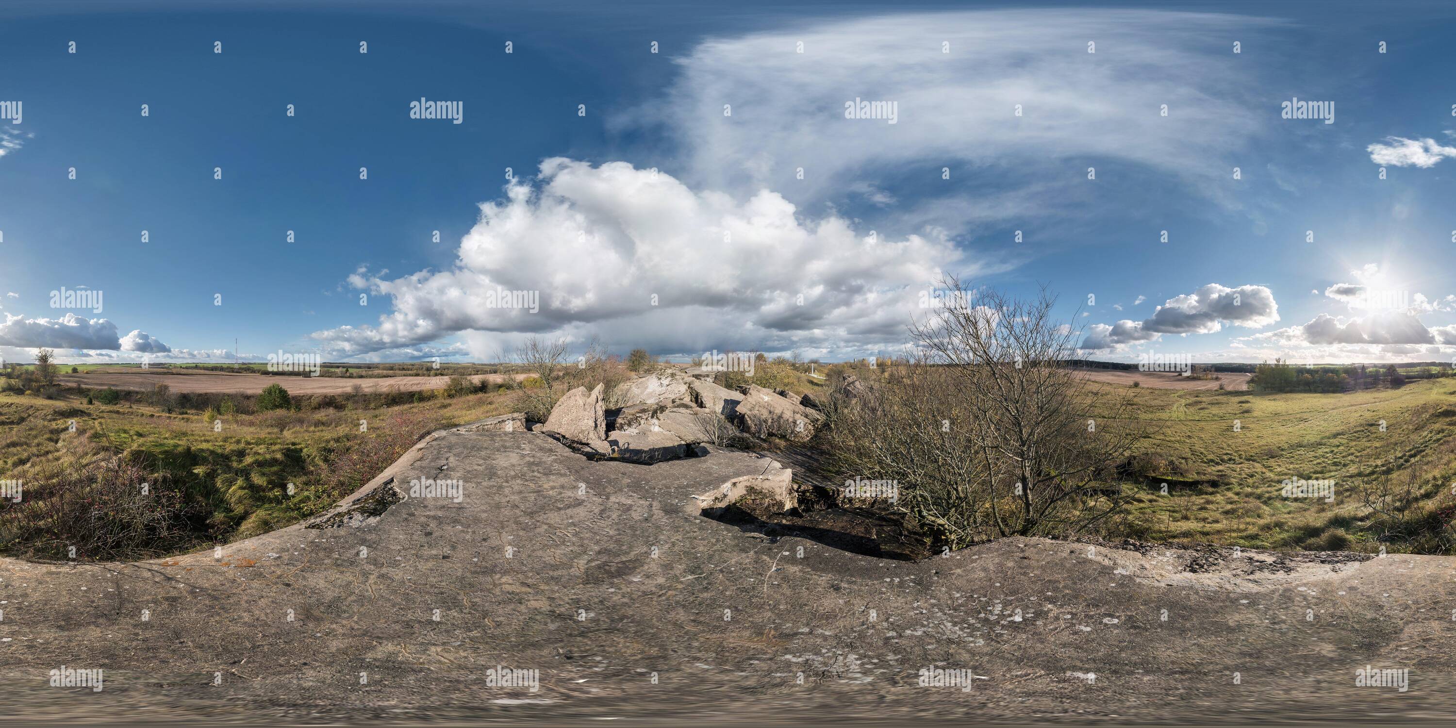 360° view of Full 360 equirectangular spherical panorama as background.  Approaching storm on the ruined military fortress of the First World War -  Alamy