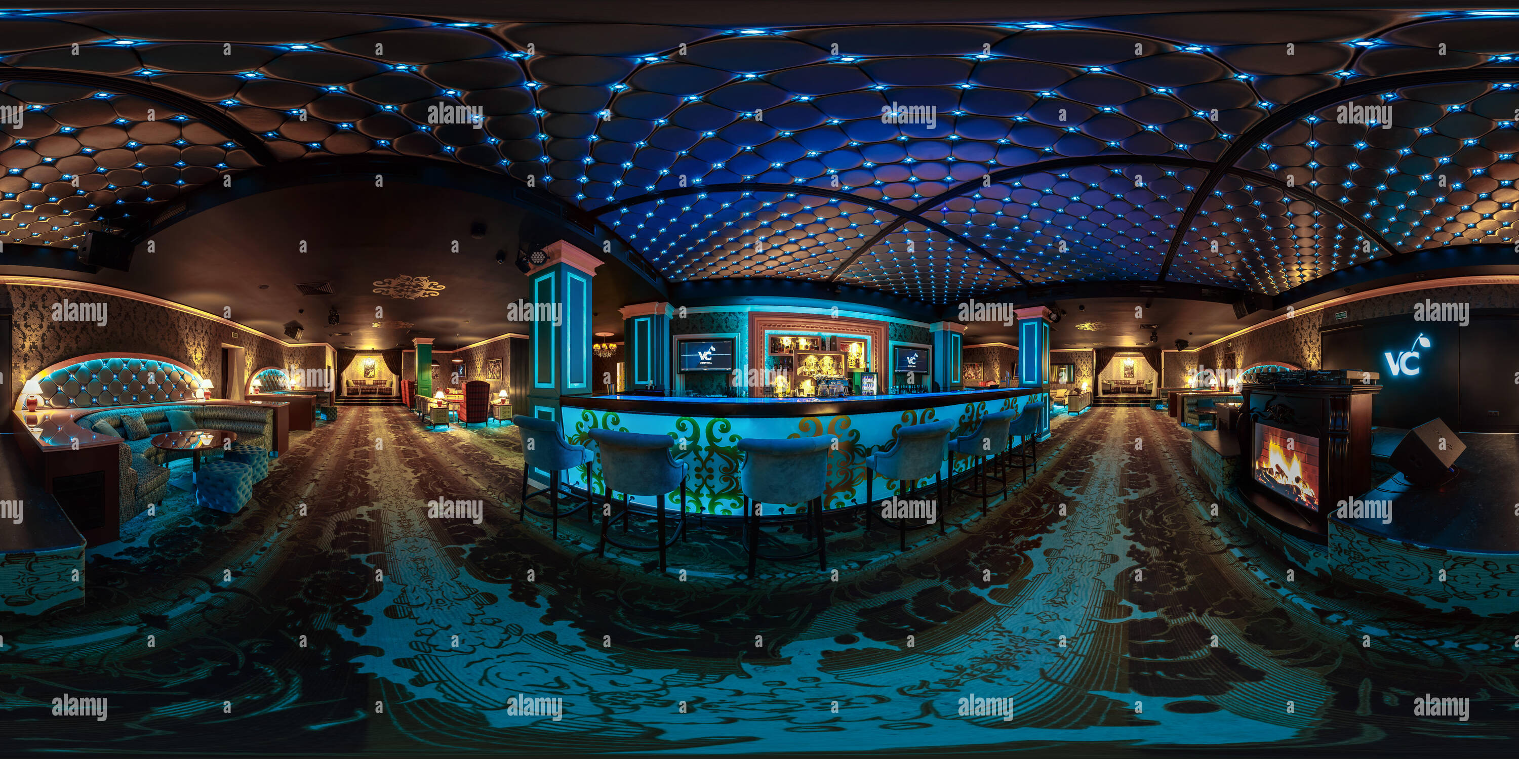 360 degree panoramic view of MINSK, BELARUS - JULY 1, 2016: Full 360 panorama  in equirectangular spherical projection in stylish night club Victoria Cherry.