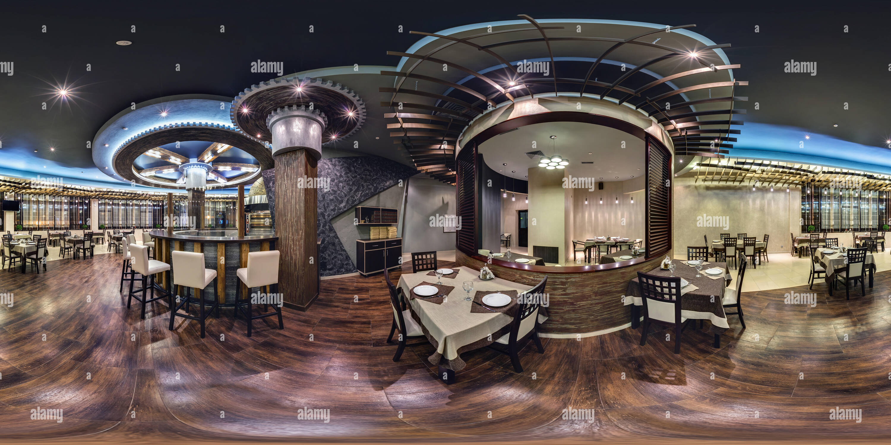 360 degree panoramic view of GRODNO, BELARUS - AUGUST, 2013: Full spherical seamless panorama 360 degree in interier stylish vintage restaurant nightclub bar. 360 panorama in equi