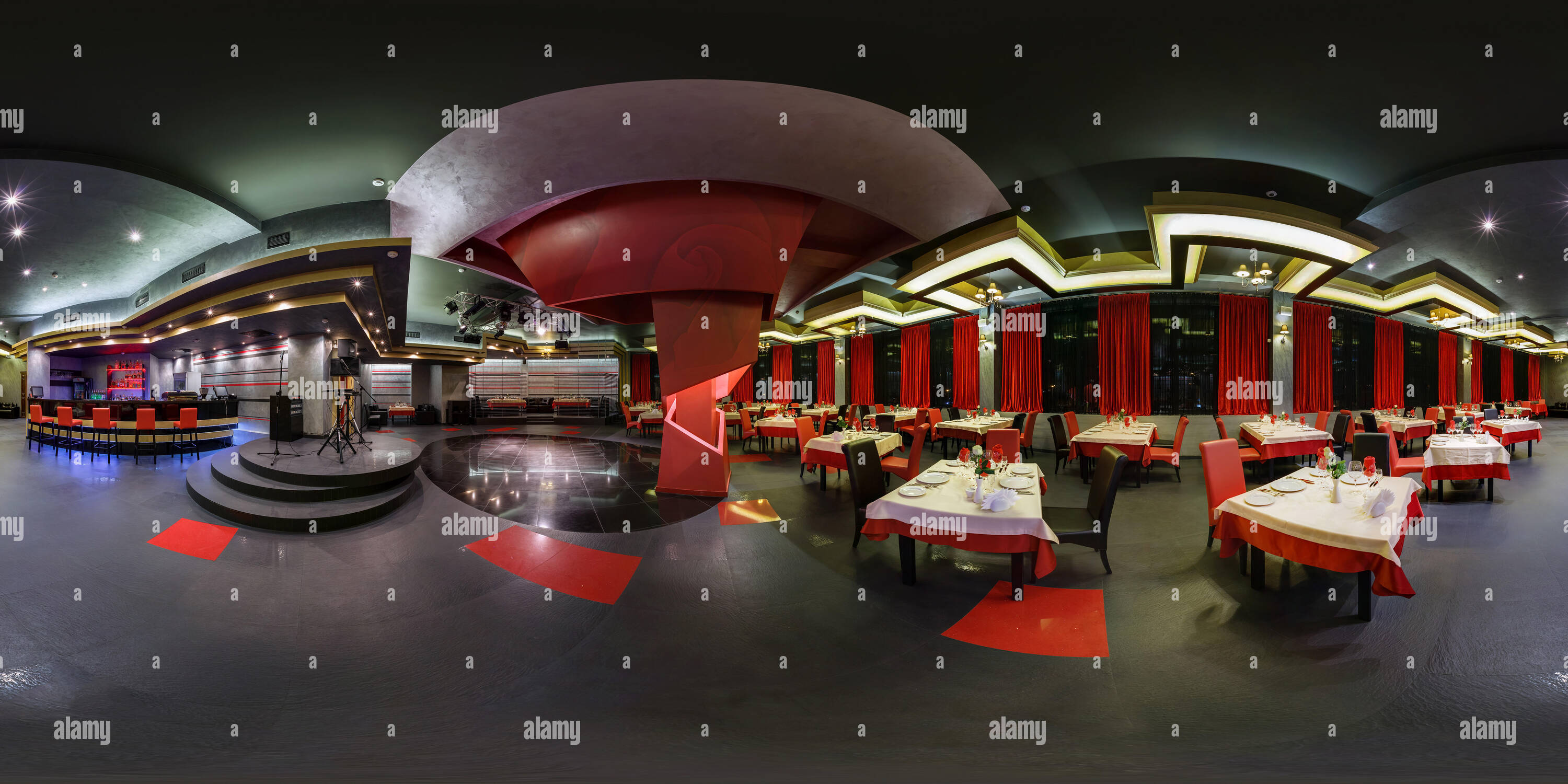 360 degree panoramic view of GRODNO, BELARUS - MAY, 2013: Full spherical seamless panorama 360 degree in interier stylish in luxury red restaurant nightclub bar. 360 panorama in e