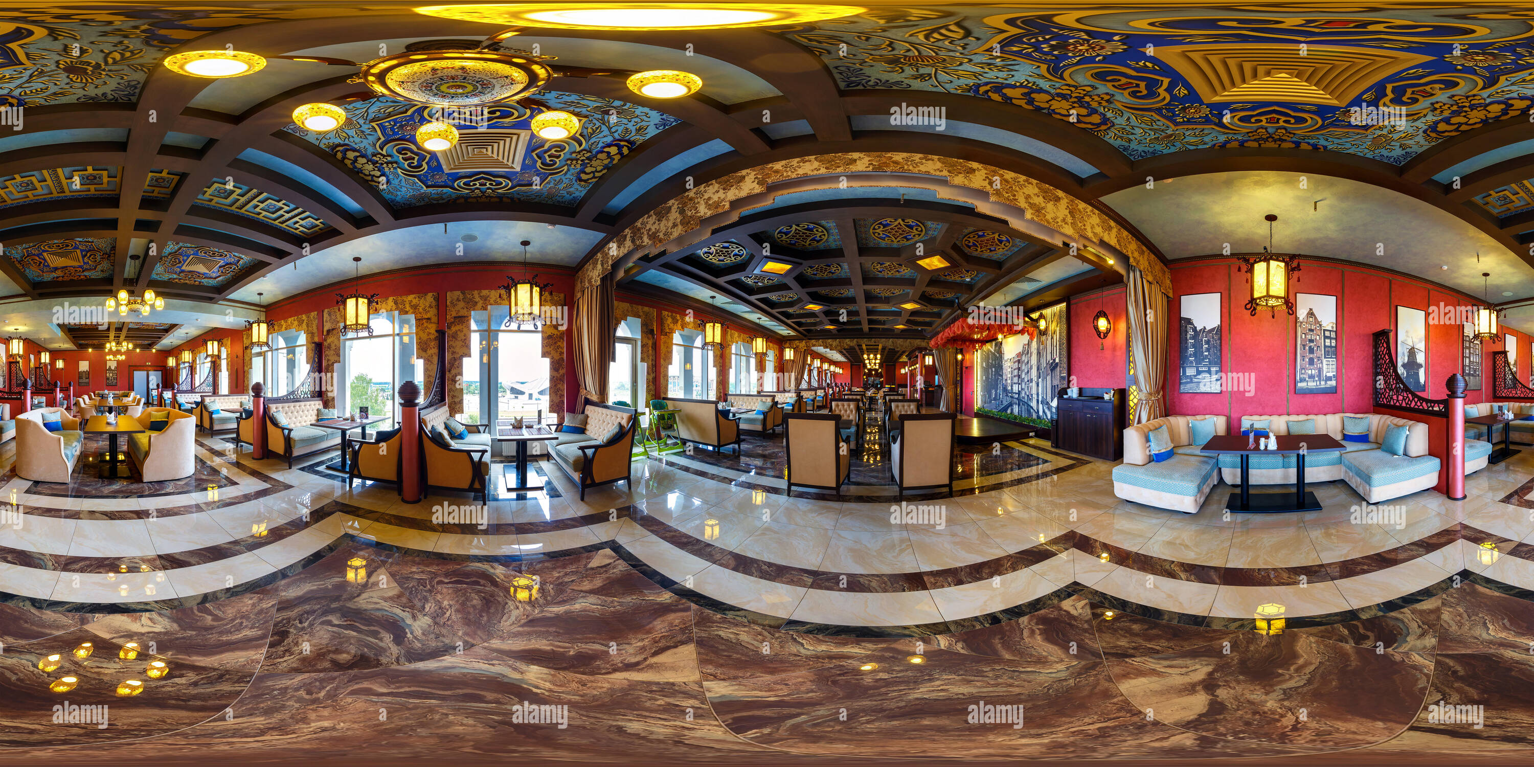 360 degree panoramic view of MINSK, BELARUS - NOVEMBER 11, 2015: Full 360 degree panorama in equirectangular spherical projection in interier stylish restaurant Amsterdam