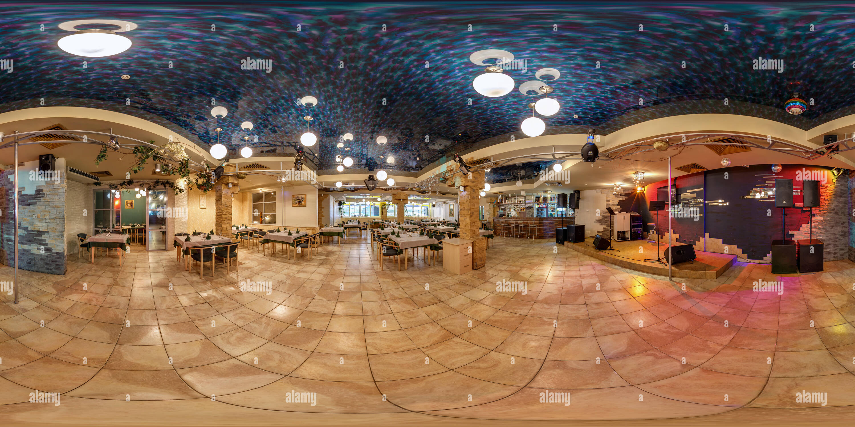 360 degree panoramic view of LIDA , BELARUS - MARCH 17, 2012: Inside of the interior of luxury Restaurant. Full 360 degree panorama in equirectangular spherical projection
