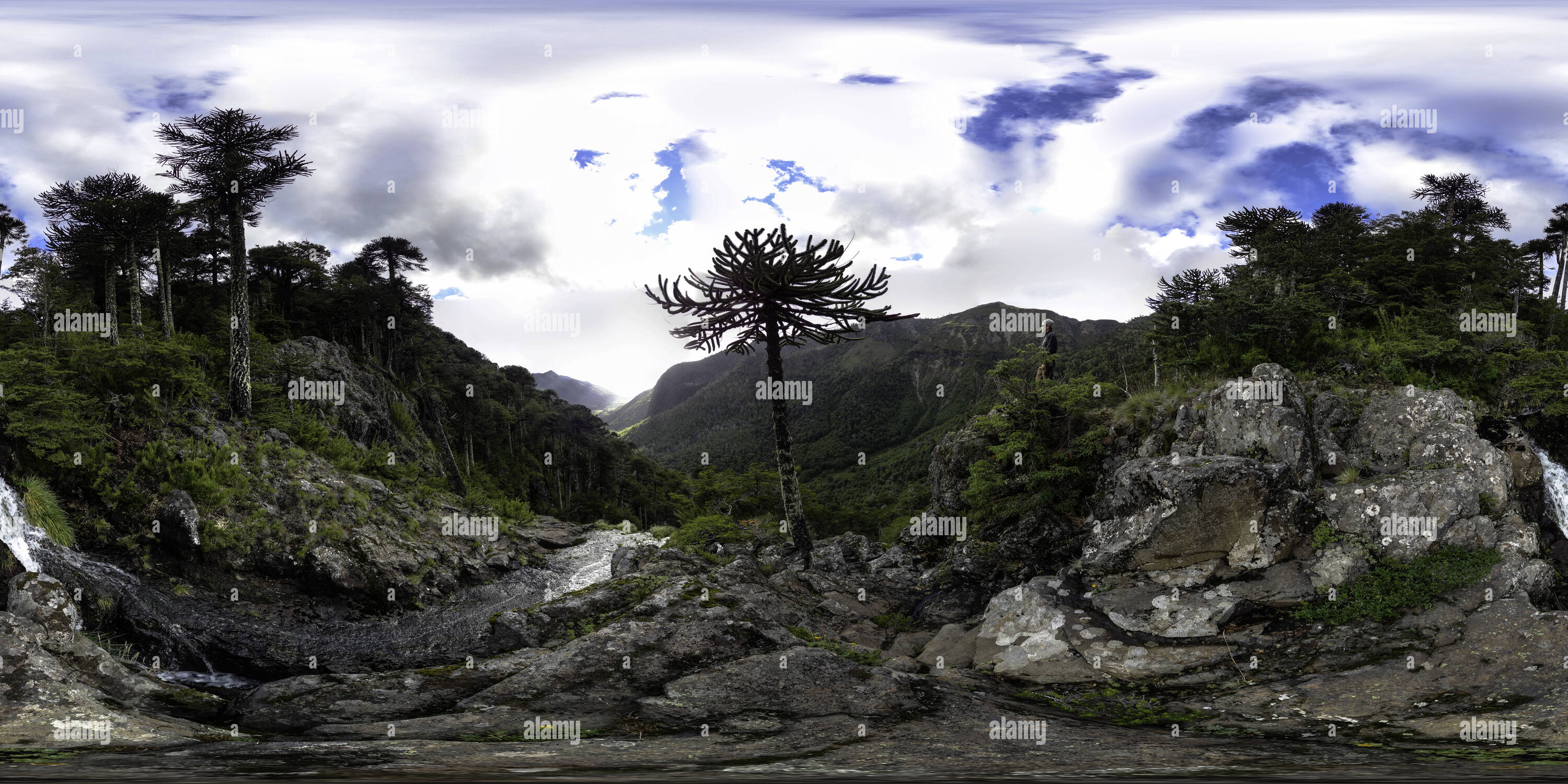 360 degree panoramic view of P.N. Tolhuaca, Cascada en descarga de Laguna Verde