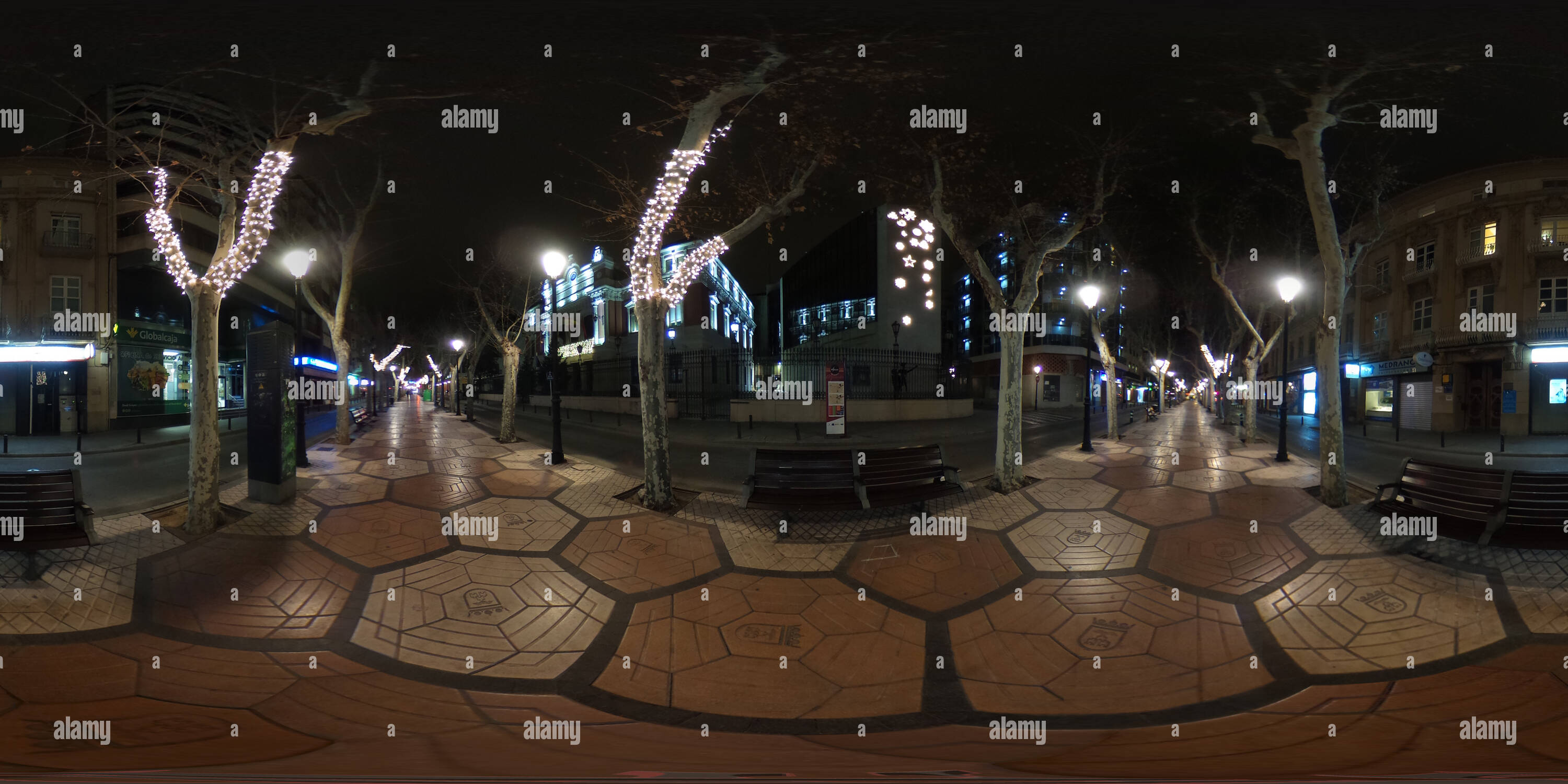 360 degree panoramic view of Albacete at night. Christmas 2017-18. Provincial Deputation and annex building. Paseo de la Libertad.