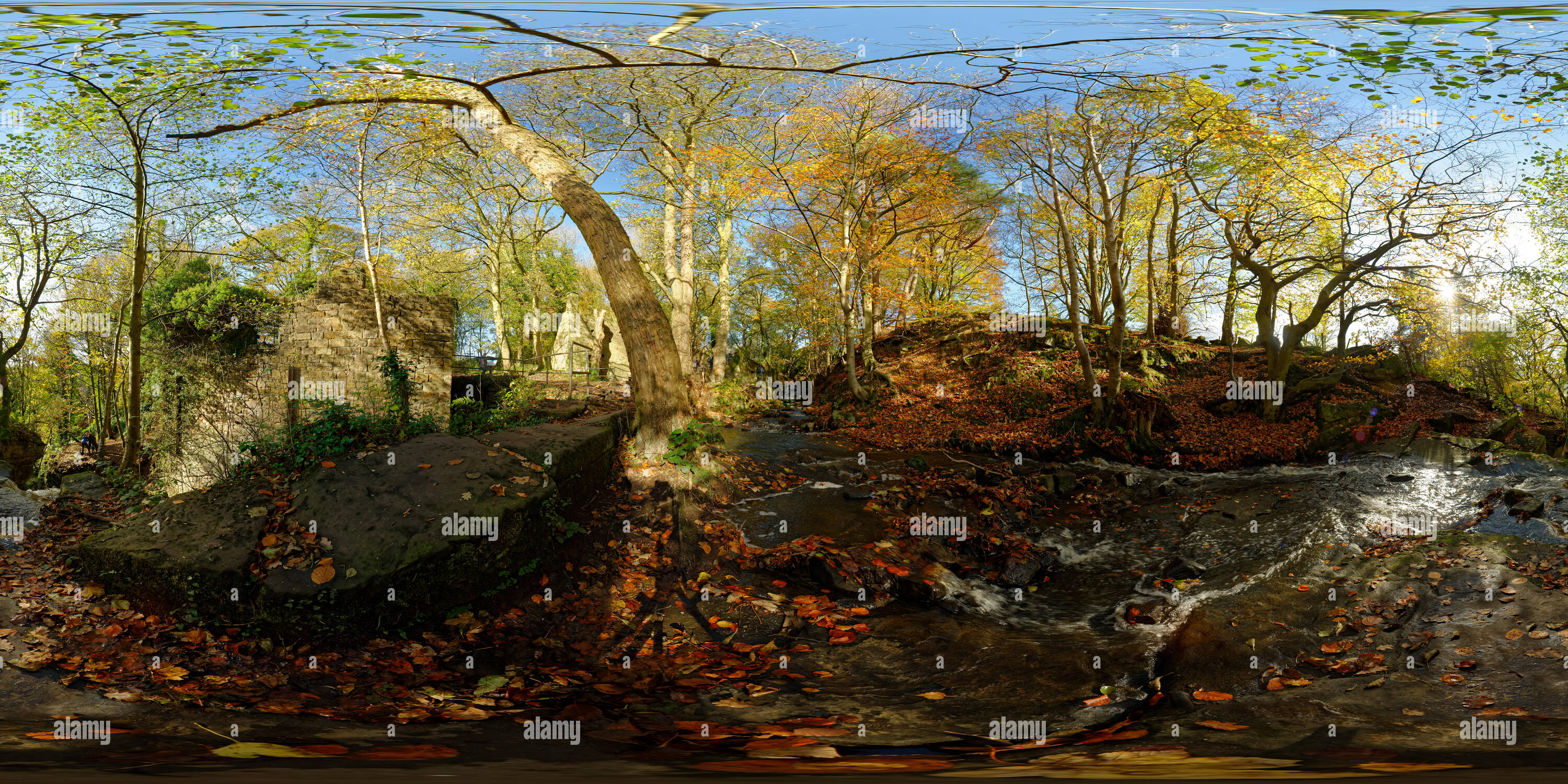 360 degree panoramic view of Spherical panorama of Lumsdale near Matlock, in Autumn. Panorama taken next to Bentley Brook, above one of its waterfalls.