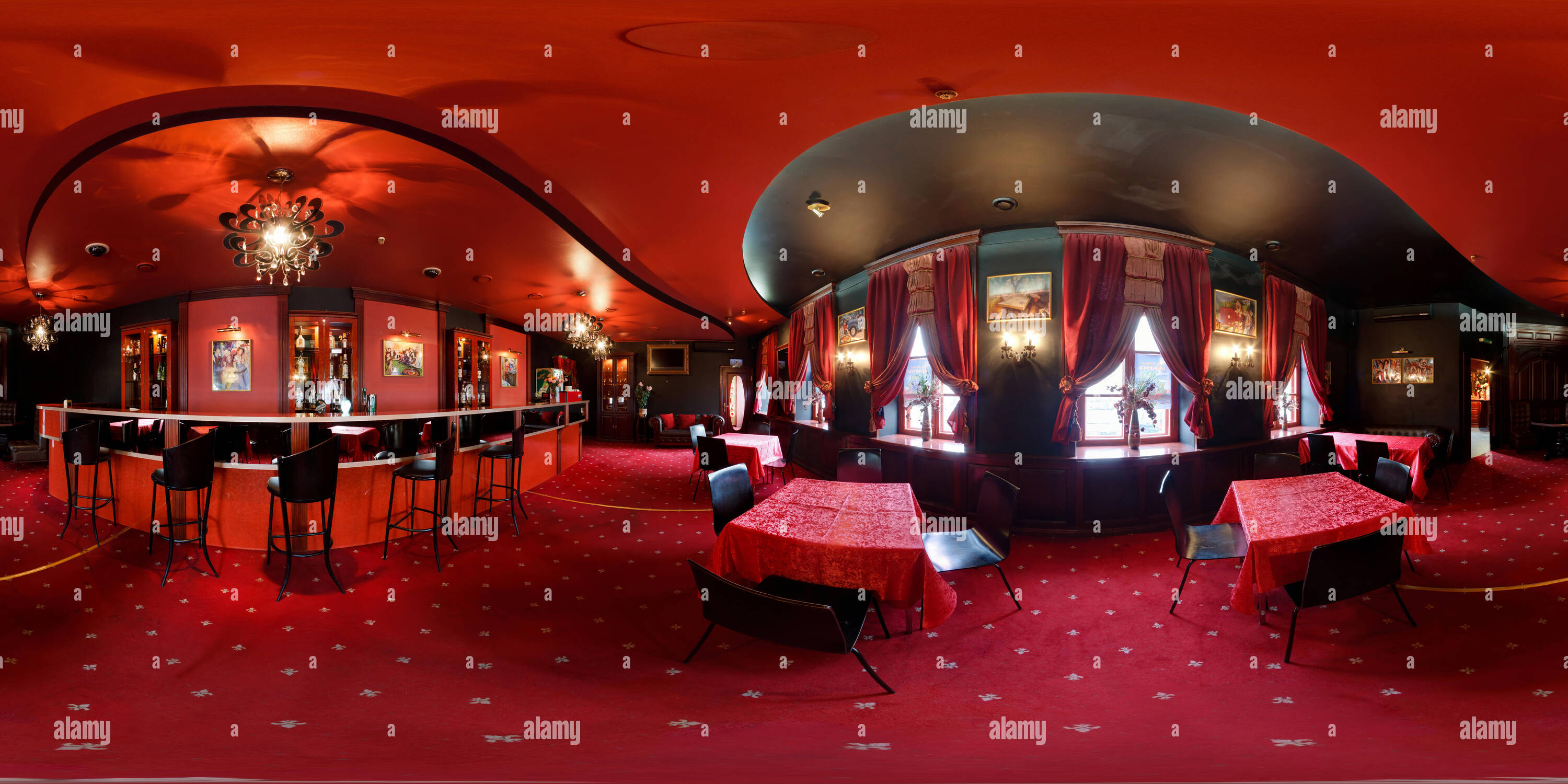 360 degree panoramic view of MINSK , BELARUS - SEPTEMBER 20, 2011: Inside of the red interior of luxury casino Admiral. Full 360 degree panorama in equirectangular spherical proje
