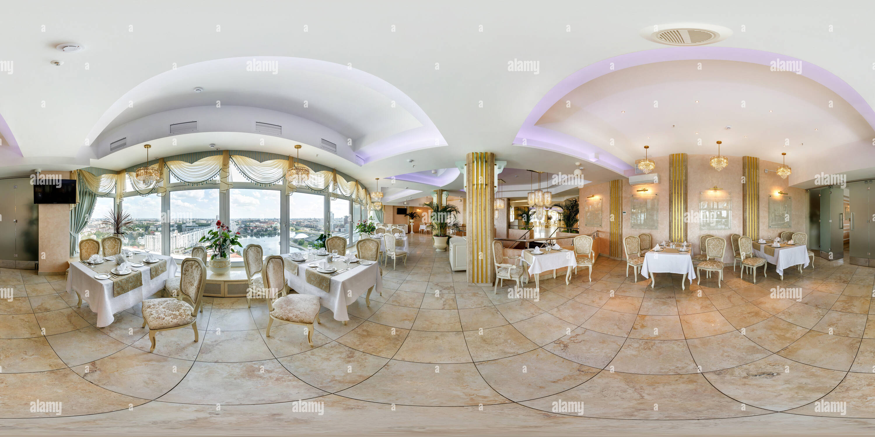 360 degree panoramic view of MINSK, BELARUS - JULY 15, 2014: Full 360 degree panorama in equirectangular spherical projection in stylish cafe complex Belarus in minimalist style.