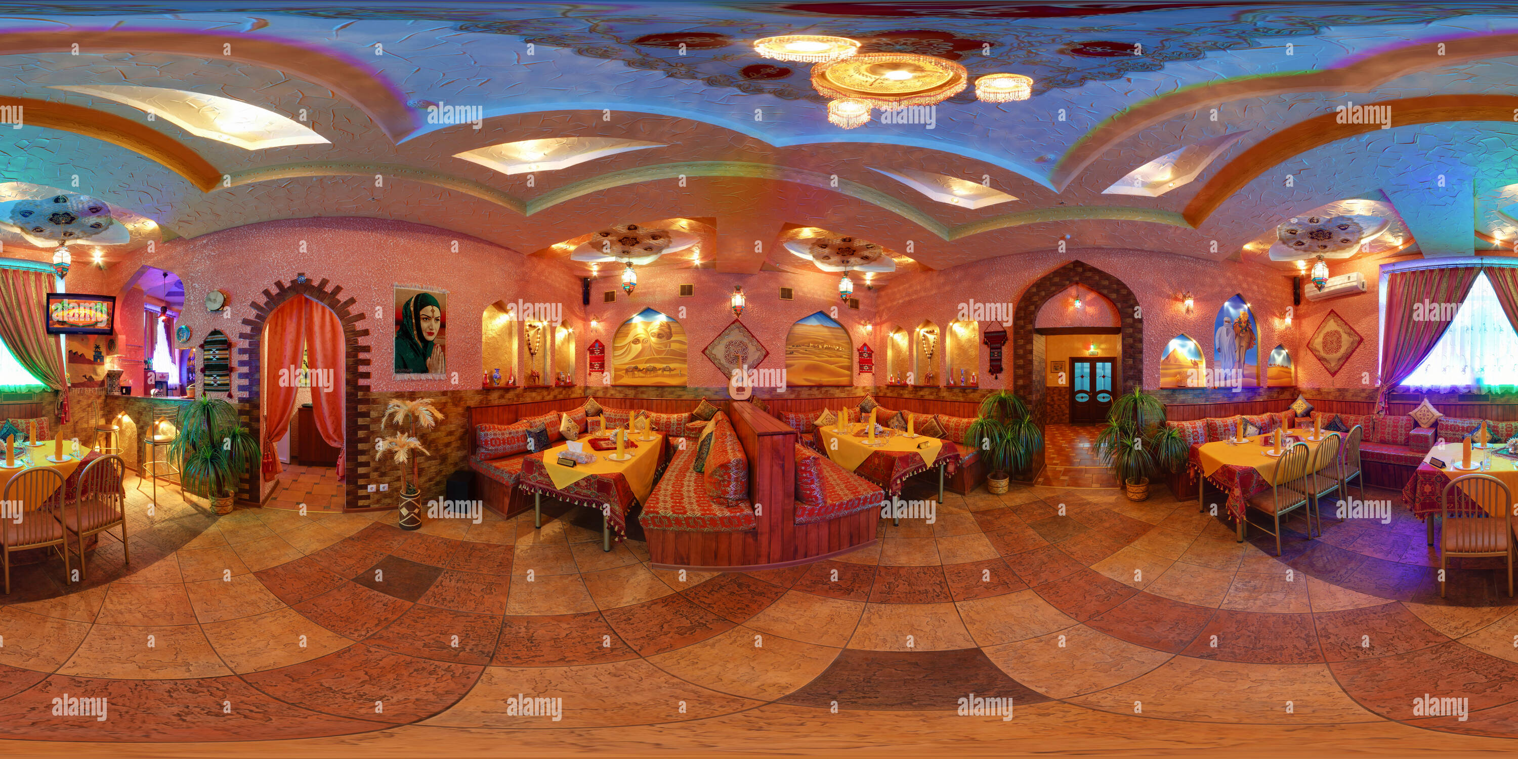 360 degree panoramic view of GRODNO, BELARUS - OCTOBER 12, 2011: Full 360 panorama in equirectangular spherical projection of syrian hookah cafe Sahara
