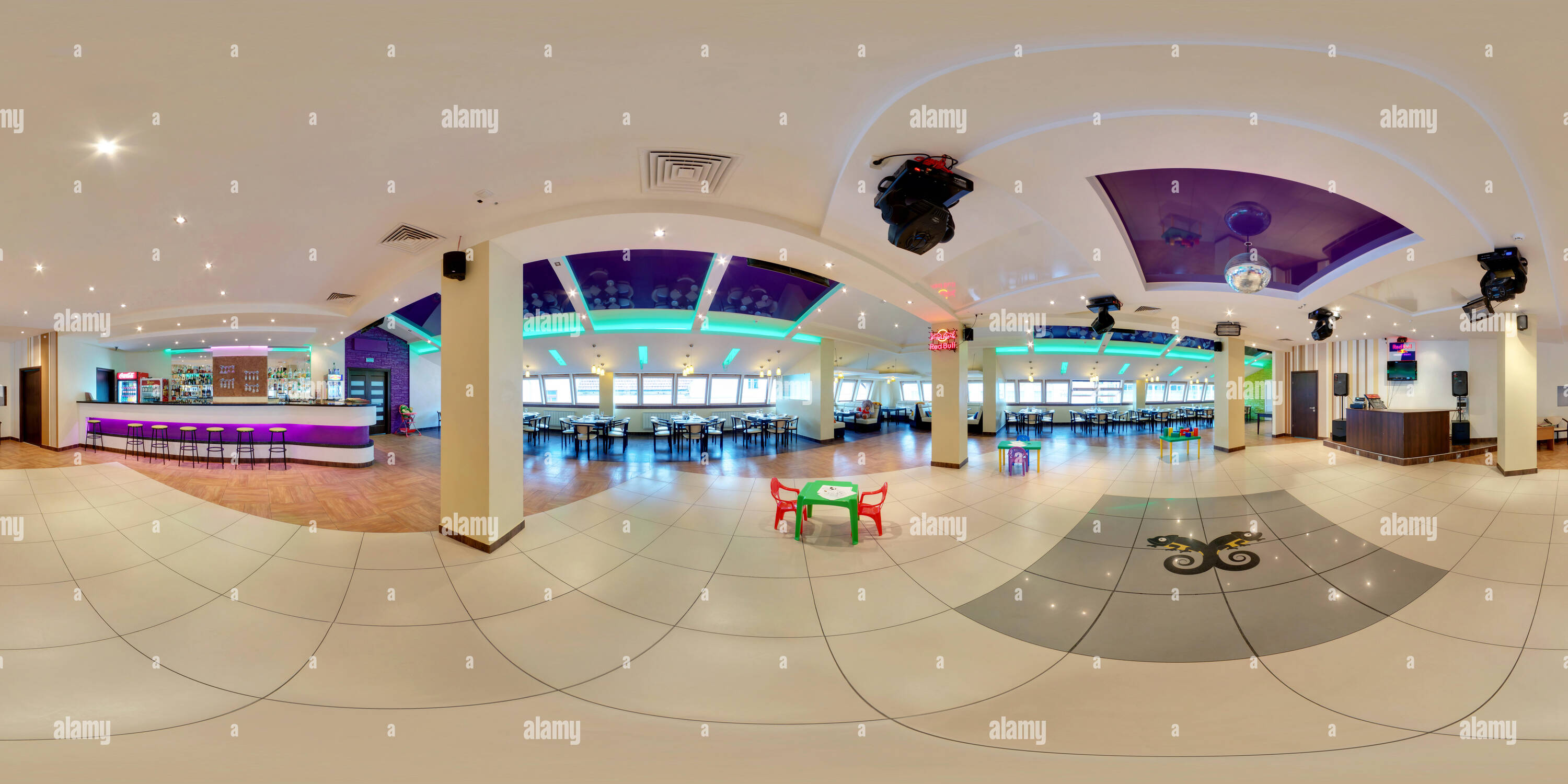 360 degree panoramic view of GRODNO, BELARUS - JULY 10, 2011: Full 360 panorama in equirectangular spherical projection in stylish cafe Hameleon in minimalist style. Photorealisti
